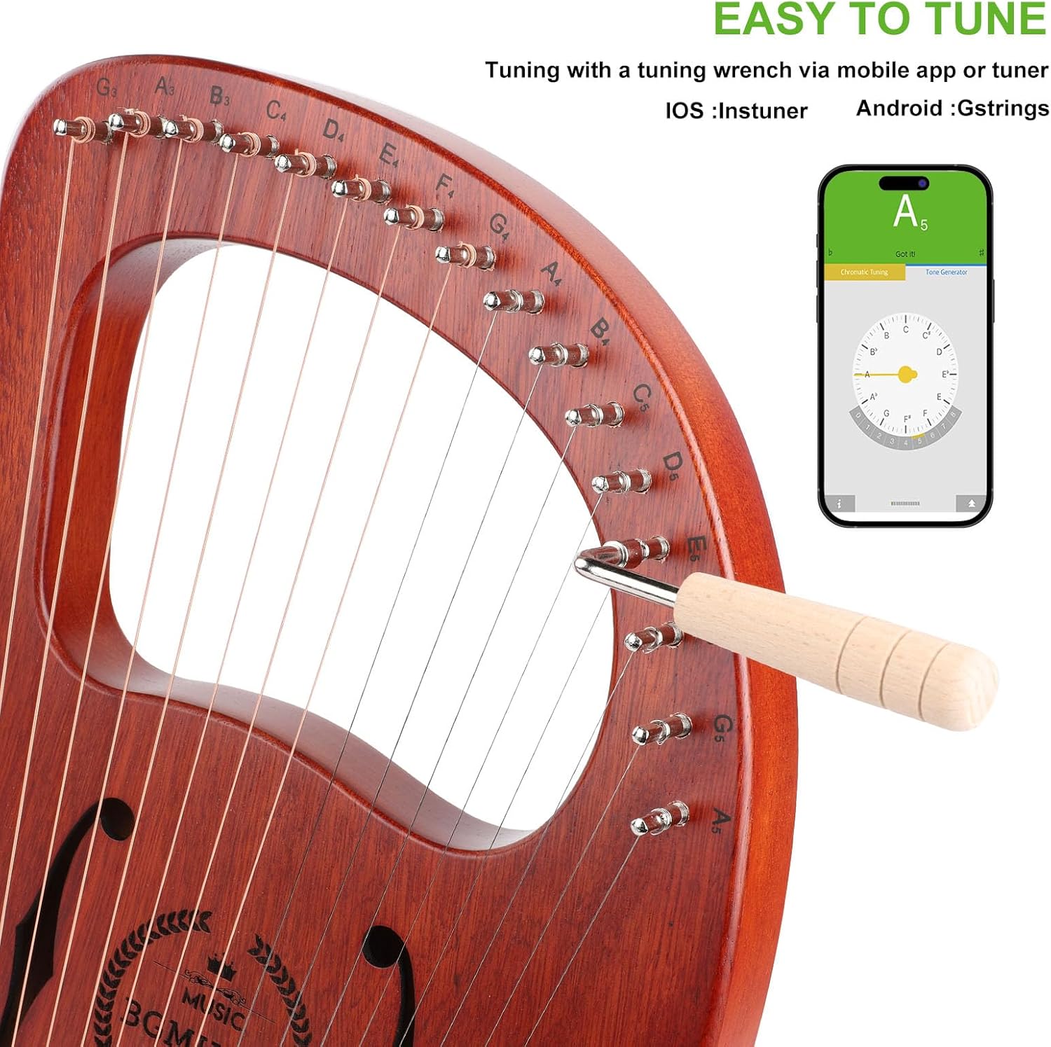 Lyre Harp 16 Metal Strings,Mahogany Body and Copper Saddle,Professional Mini Harp Instrument Gift with Bag,Tuning Wrench,Spare Strings