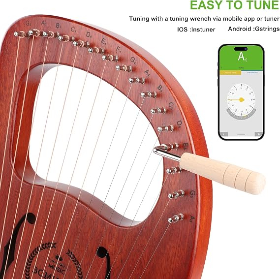 Lyre Harp 16 Metal Strings,Mahogany Body and Copper Saddle,Professional Mini Harp Instrument Gift with Bag,Tuning Wrench,Spare Strings