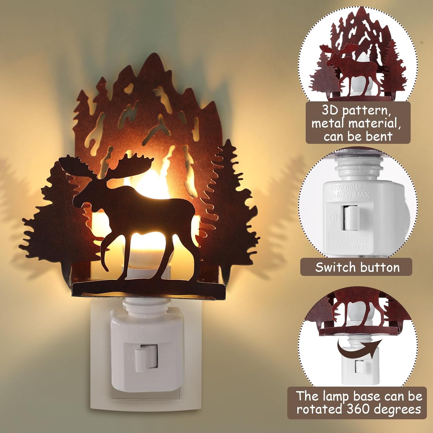 Tuanse Forest Moose Plug in Night Light Wilderness Farmhouse Metal LED Night Light Decorative Vintage Forest Mountain Lamp Decor for Bedroom Living Room Bathroom Holiday Christmas Gift