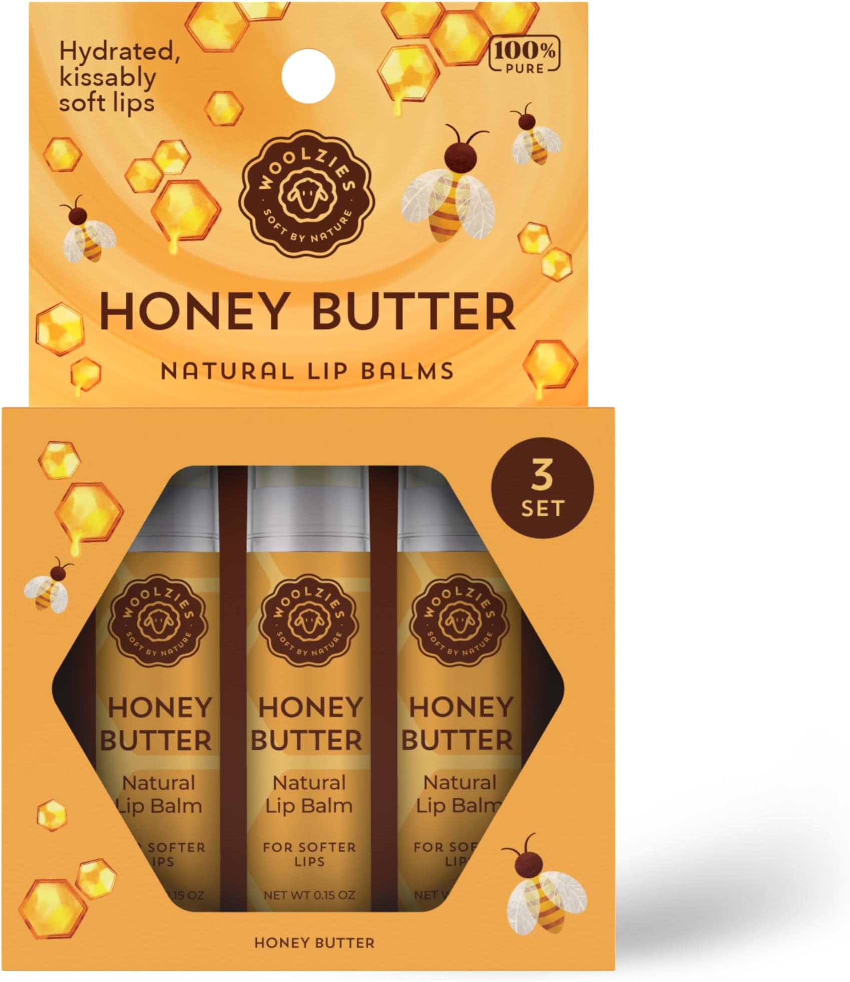 Lip Balm Set: All-Natural Shea Butter, Beeswax, Coconut Oil, Vitamin E Infused Lip Moisturizer Care (3 Pack, Honey Butter)