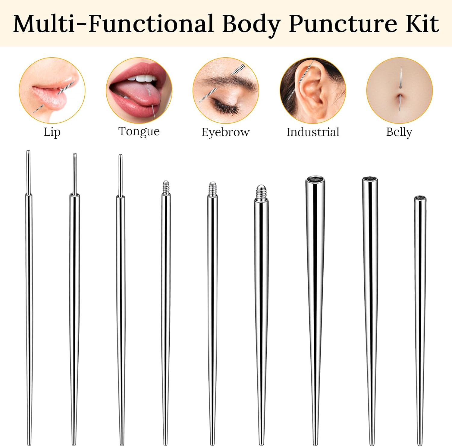 10 Pcs Piercing Taper Ball Grabber Tool, Earring Threader Tool | 14G 16G 18G 20G, Stainless Steel, Flat Back Earring Applicator, Body Jewelry Stretching Kit, For Nose/Ear/Lip/Navel