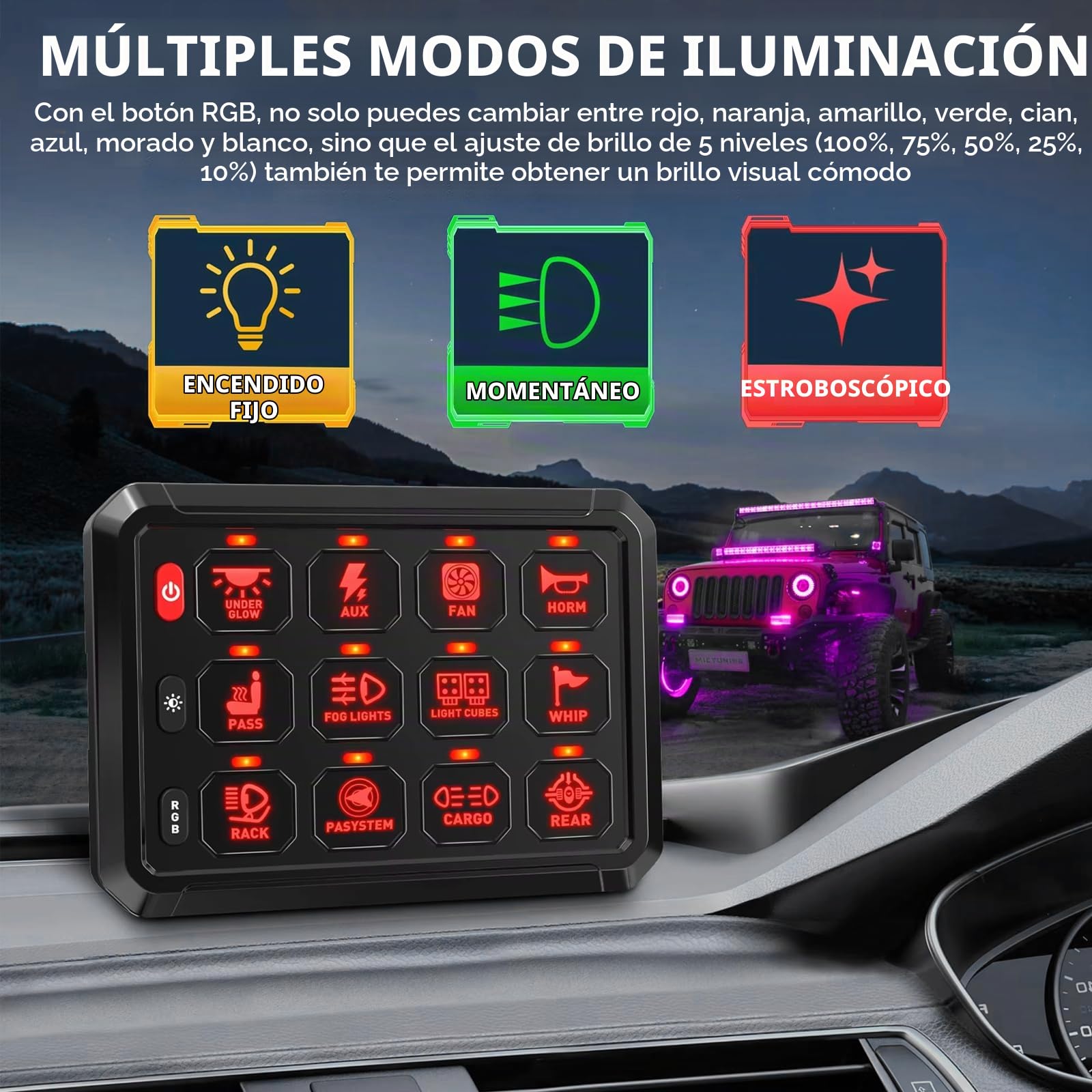 12 Gang Panel Interruptores 12V/24V, Interruptor Coche Universal Kit de Panel de Interruptores Inteligentes con Paneles Táctiles Regulables RGB de 8 Colores para Coche Caravana Camión SUV Barco
