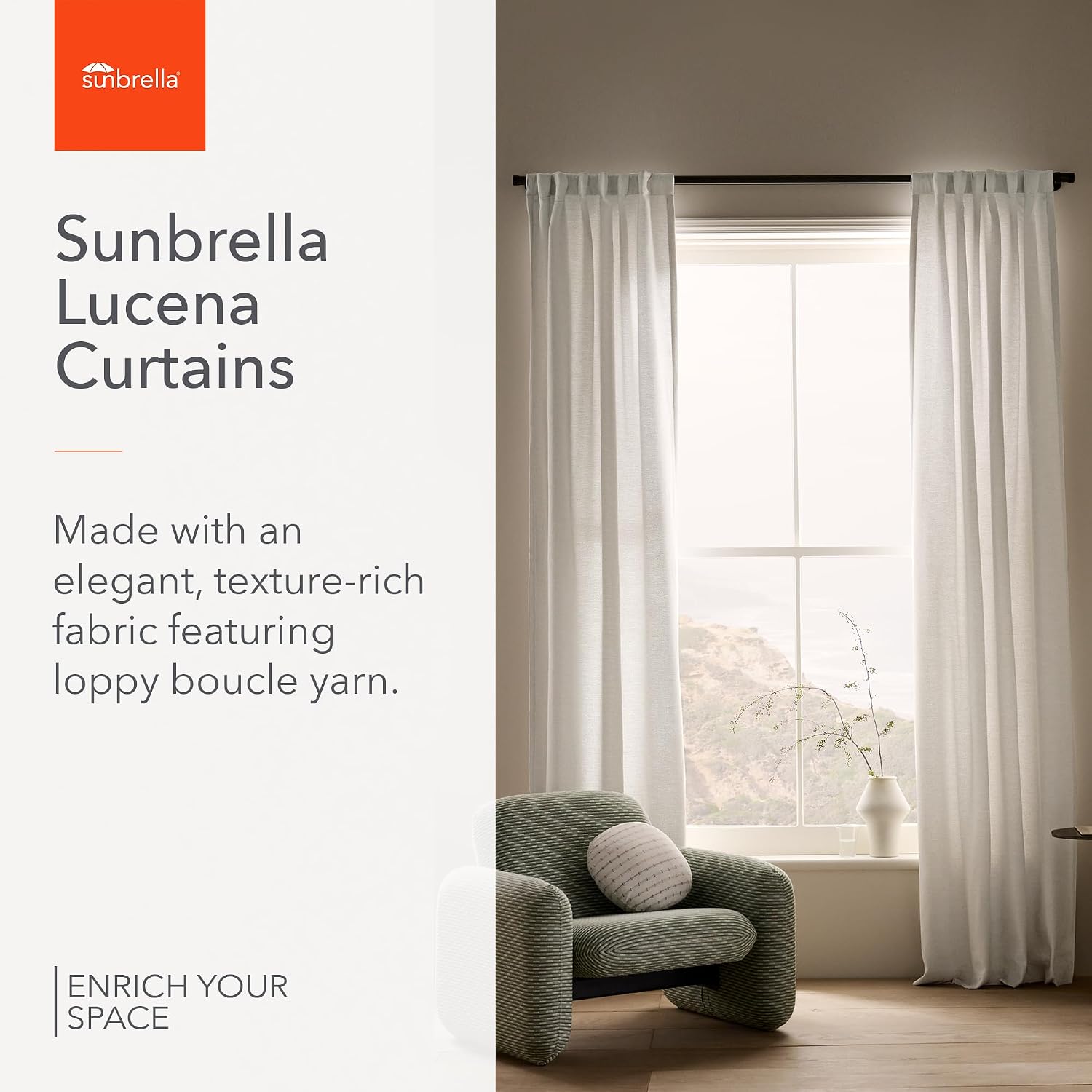 Sunbrella Lucena Light Filtering Curtains | 50 in. W X 108 in. L | White | Fade Proof Drapes with UV Protection | Versatile Hanging Options for Home Decor | Single Curtain Panel