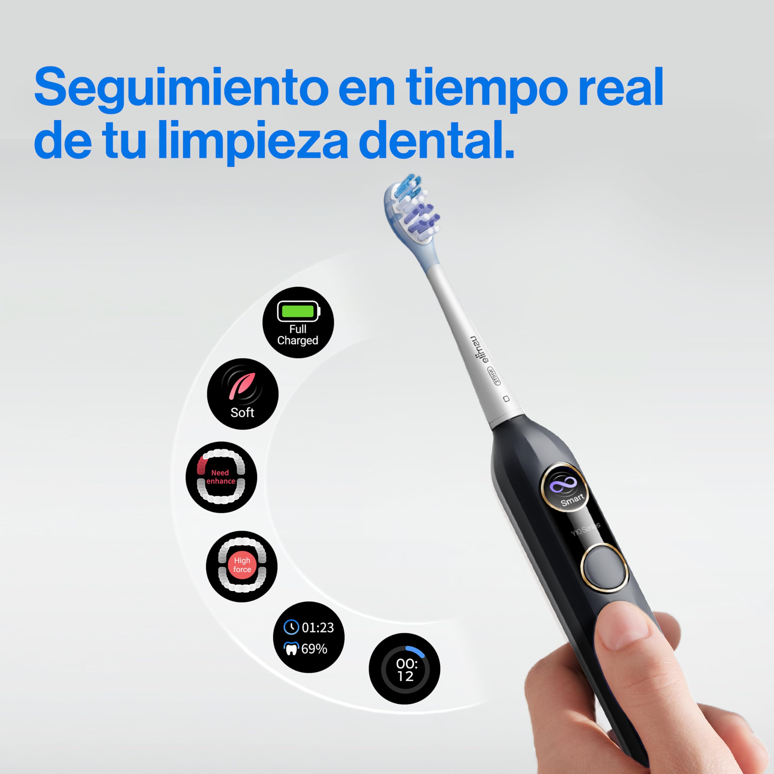 usmile Y10 Cepillo de dientes eléctrico con pantalla inteligente, 4 modos de limpieza, cepillo de dientes sónico inteligente con temporizador y control de presión, una carga dura 180 días