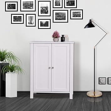 Bathroom Floor Storage Cabinet with Adjustable Shelf and Double Door, Living Room Modern Home Furniture Storage Organizer Cabinet White-5