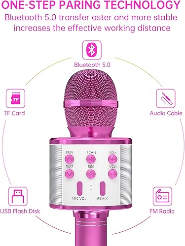 Miniatura 2 de OVELLIC Paquete de 2 micrófonos de karaoke para niños, micrófono inalámbrico Bluetooth de karaoke para cantar, micrófono portátil de mano con