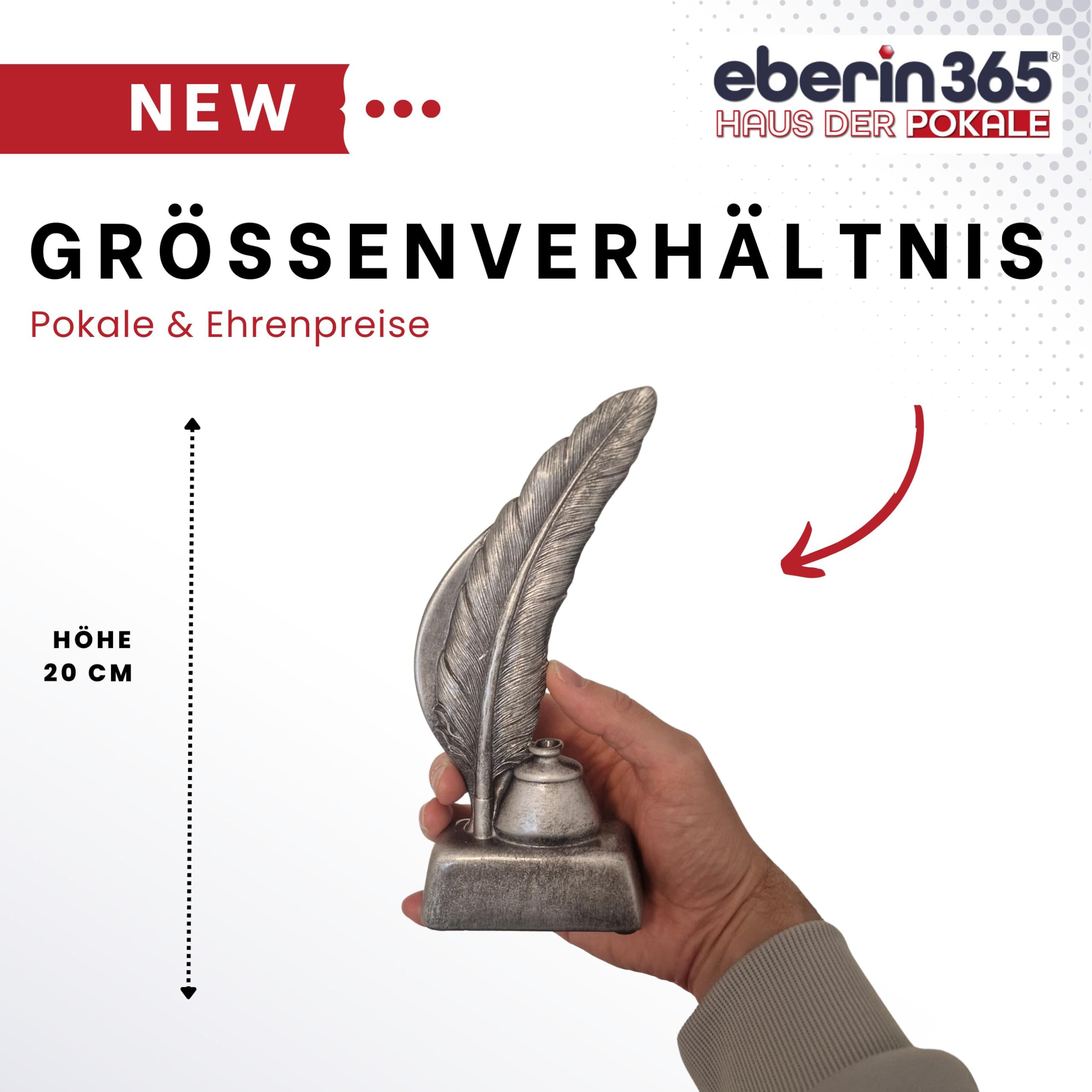 Schreibfeder Pokal aus Resin 20 cm hoch – stilvolle Resinfigur mit Gravurschild – Award für Autoren Absolventen Lehrer & Bildung – perfekt für Schulabschluss Meisterprüfung & Ehrungen