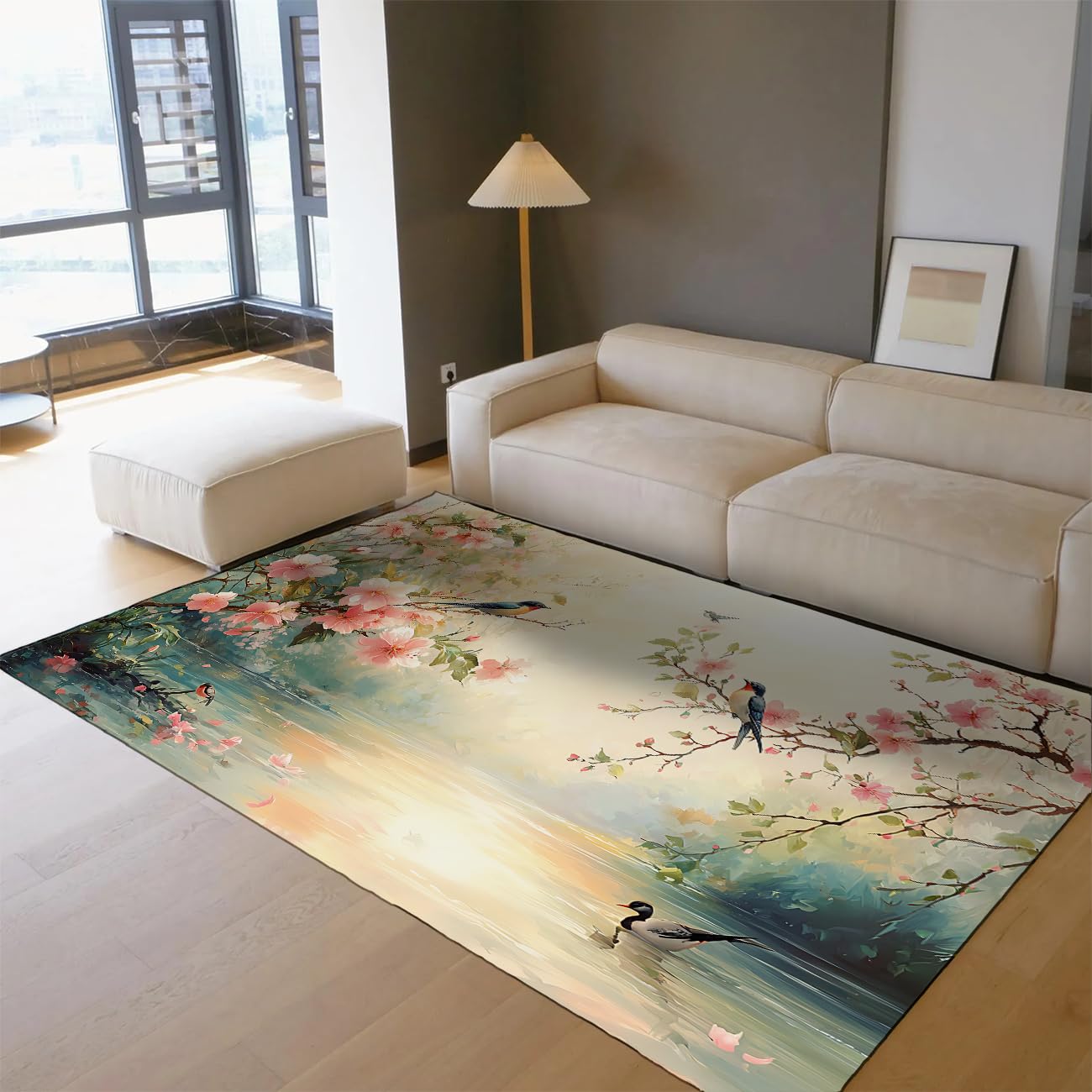 Zmywalny dywan o wymiarach 150 x 200 cm, elegancki, marzycielski dywan kuchenny, kwiat wiśni, scena nabrzeżna, ptaki i kaczka, mata podłogowa, antypoślizgowa, do wewnątrz, antypoślizgowy