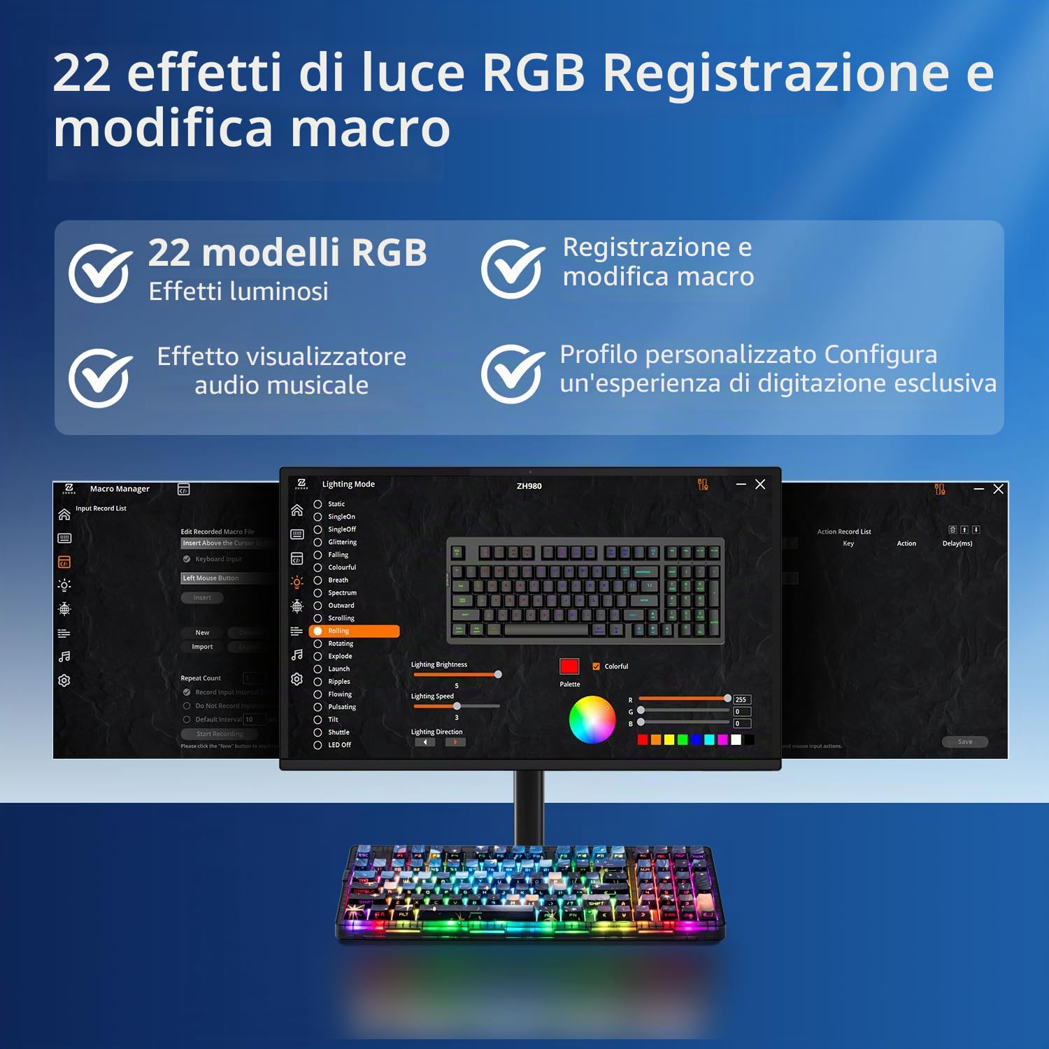 ZORNHER Tastiera meccanica ZH980,Tastiera cremosa blu al 95% con tastierino numerico,Tasti PBT a sublimazione della tintura di notte stellata di,Interruttori lineari dal suono cremoso