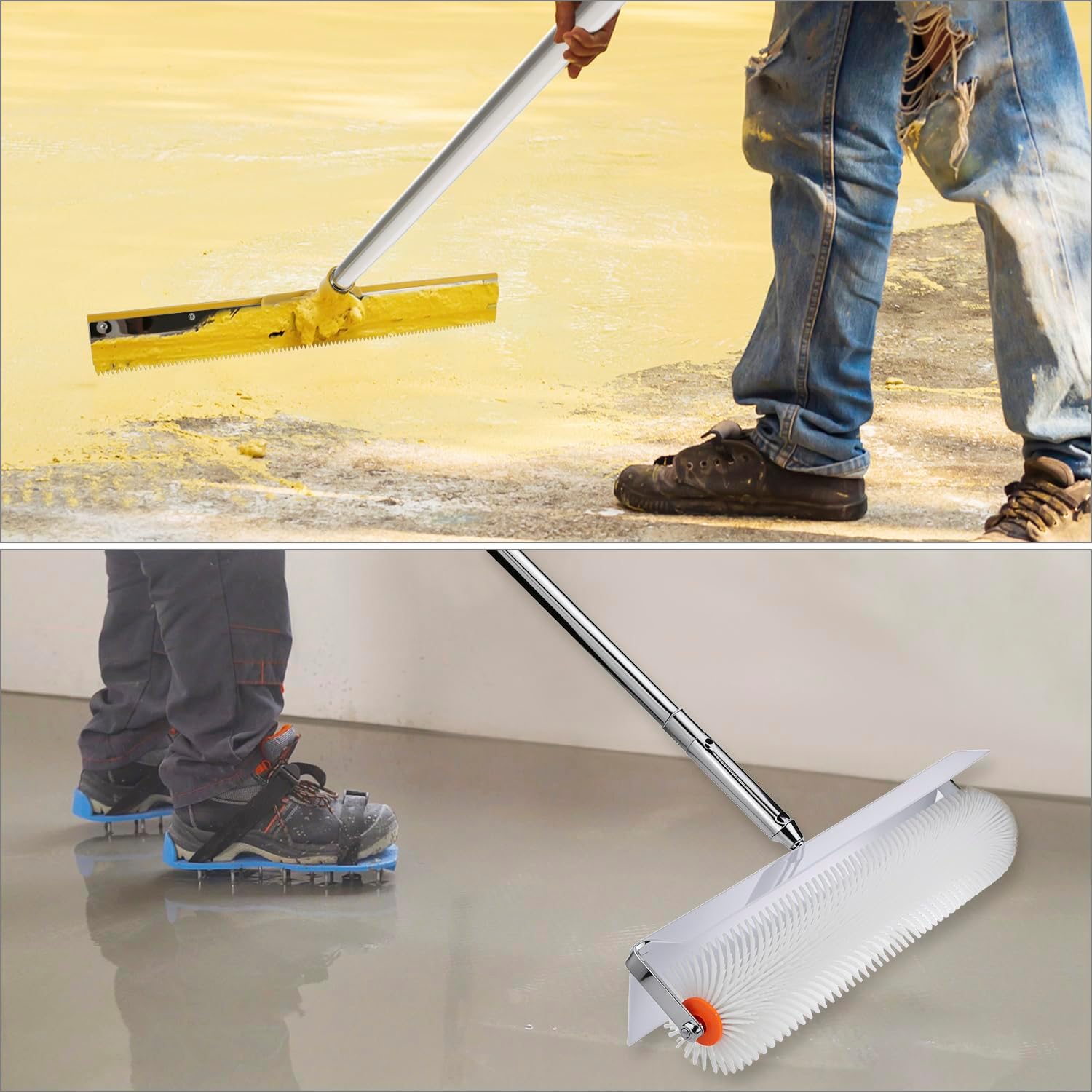 Self Leveling Tools Kit, Includes Spiked Roller, Rake Scraper, Spike Shoes, and Extension Pole for Concrete Floor and Epoxy Applications, Spiked Roller 20 inch 9 inch