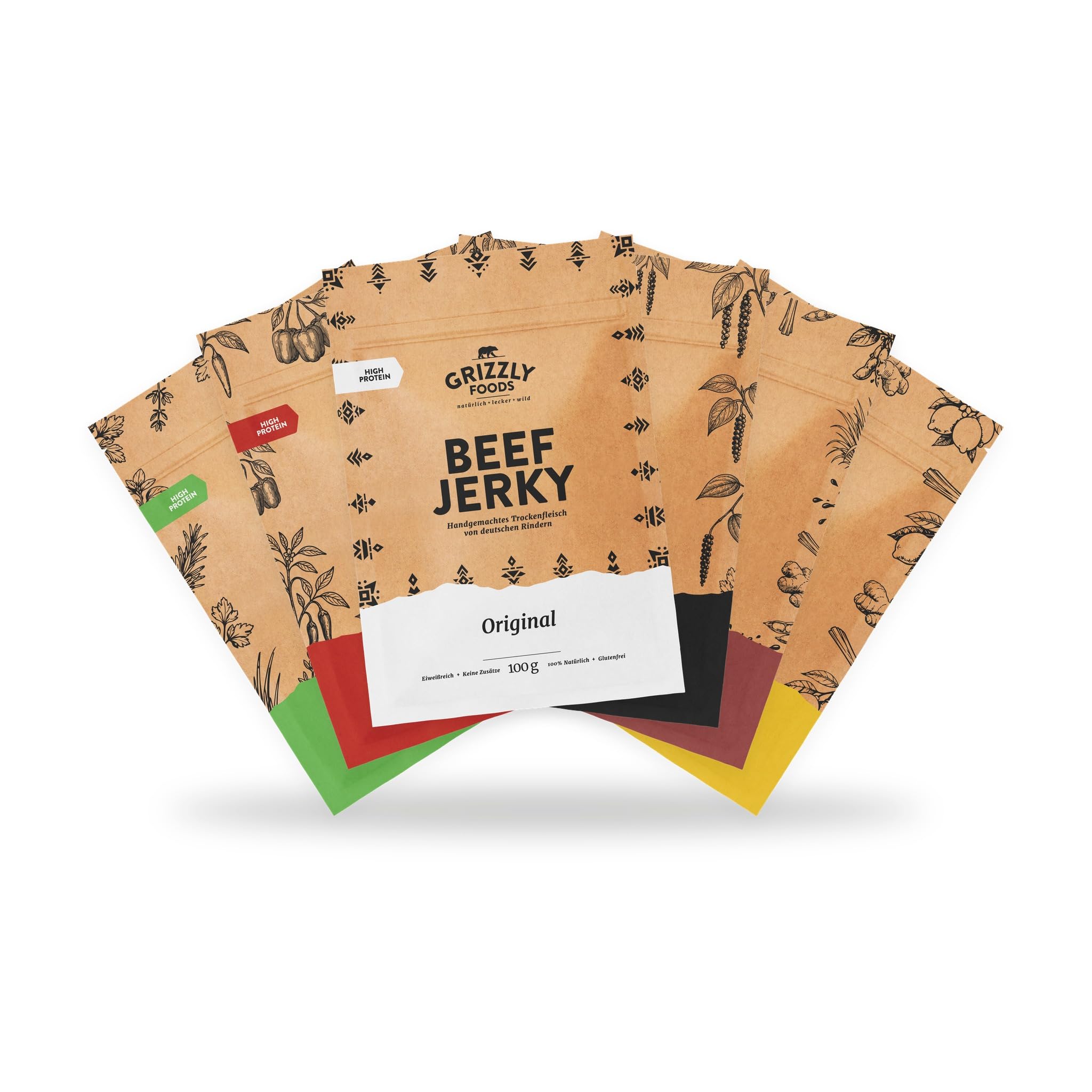 Grizzly Foods zestaw próbny Beef Jerky z 6 rodzajami (6 x 100 g) • suszone mięso niemieckiego bydła • przekąska o wysokiej zawartości białka • idealny w podróży, do biura, uprawiania sportu