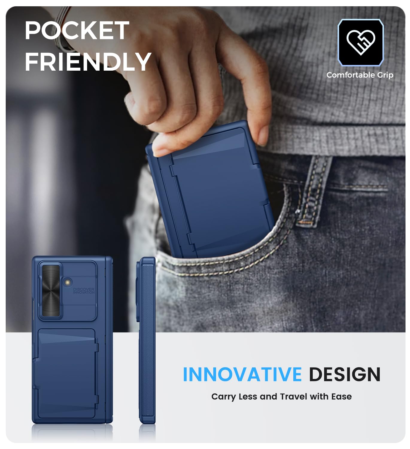Vihibii Etui do Samsung Galaxy Z Fold 7 z uchwytem na karty, ochrona zawiasu, ochrona ekranu, przesuwna kamera, twarda obudowa telefonu odporna na wstrząsy do Samsung Z Fold 7 2025, niebieskie