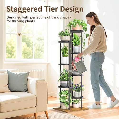 Miniatura 2 de LASZOLA Soporte para plantas de 7 niveles en negro, para interiores, soporte para macetas de metal resistente, organizador moderno y estrecho, torre