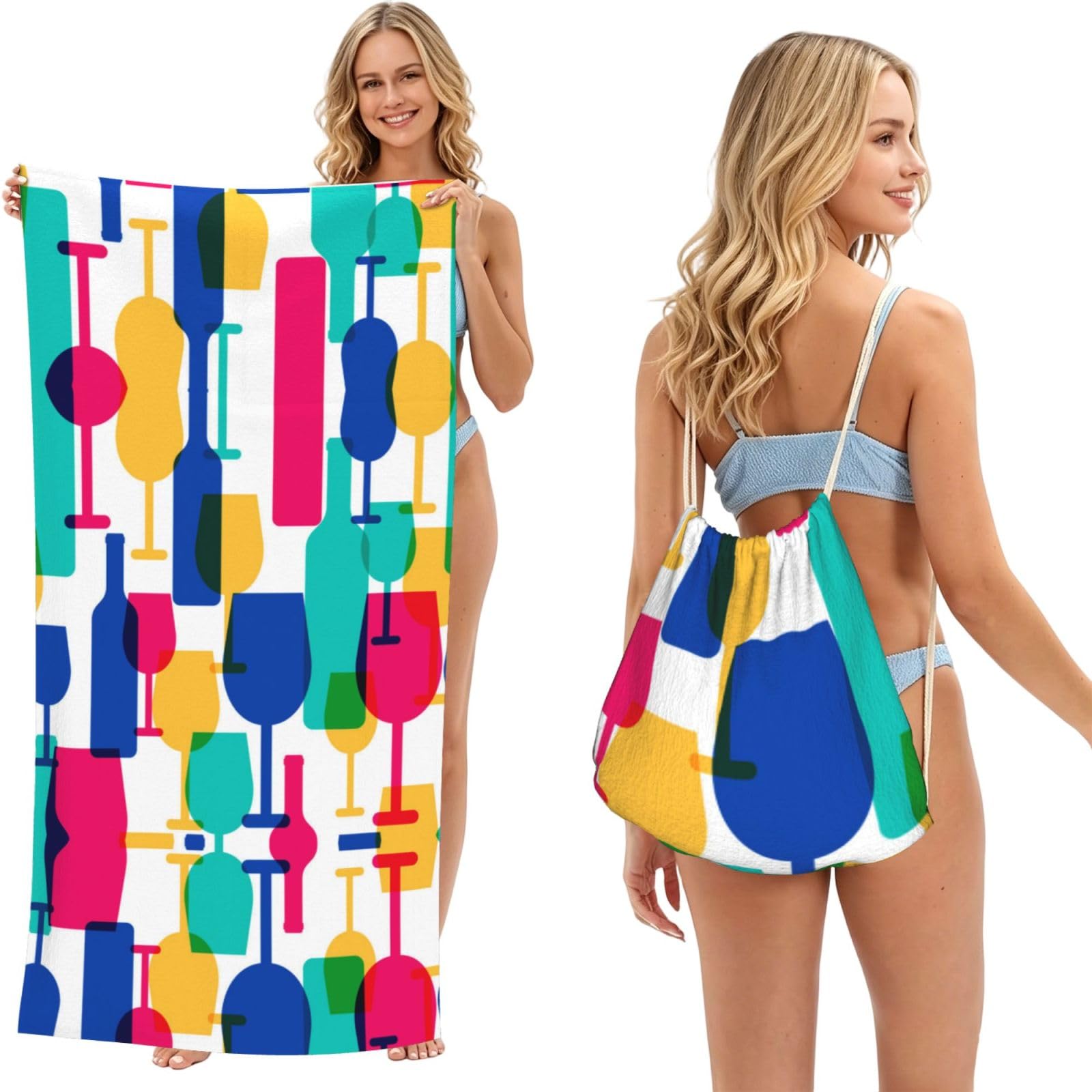 Ezdlowvba Black Cocktail Glasses And Wine Bottles Print Beach Towel Backpack 2 In 1 Summer Large Lightweight Beach Towel - Multifunctional Ship Pattern Towel Bag For Storage,Sport