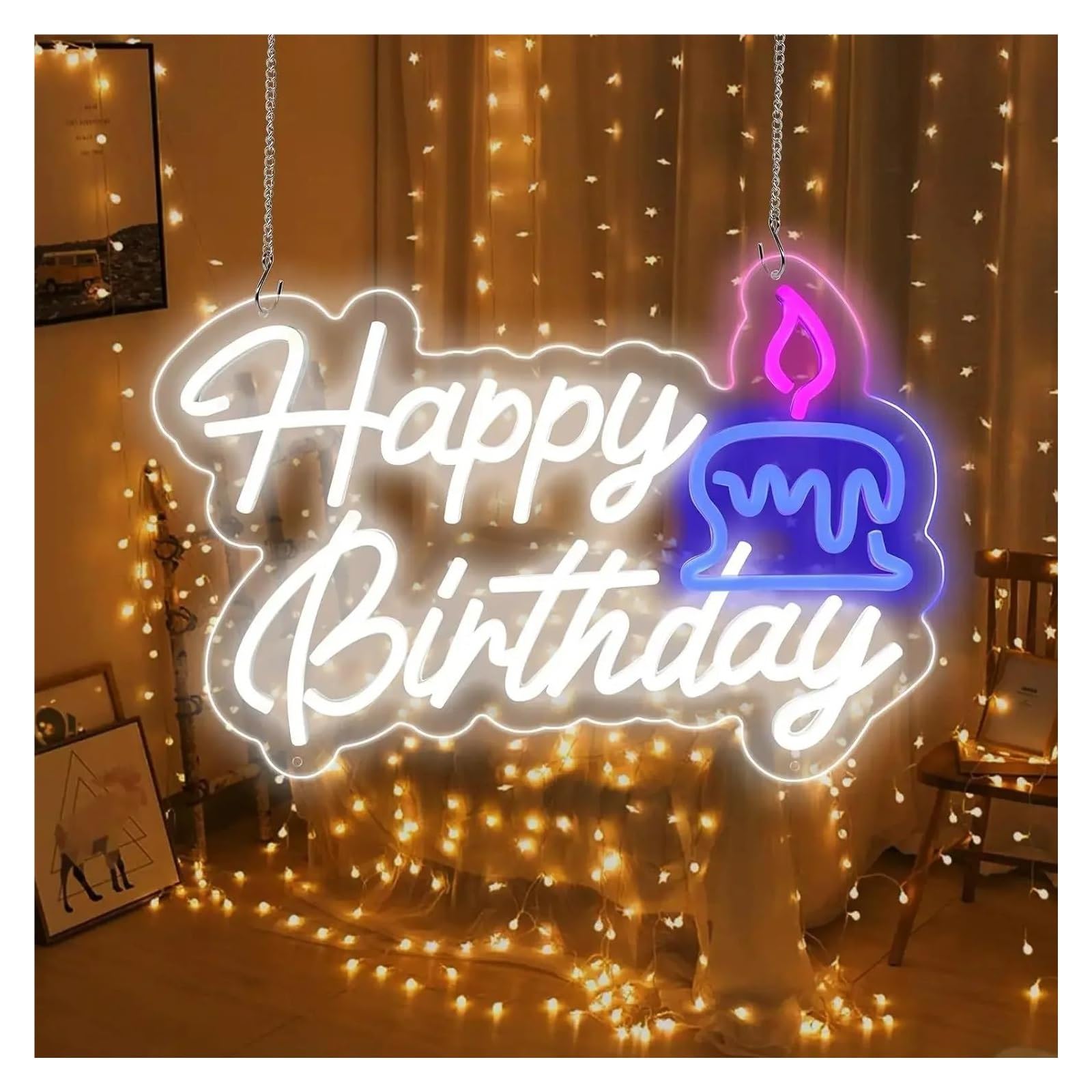 Luz de Diseño de Digital Letrero De Neón De Feliz Cumpleaños, Luces LED Regulables Alimentadas Por USB, Decoración De Pared, Para Fiesta, Pub, Hogar, Sala De Juegos, 24.5cmx37.5cm