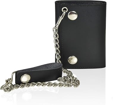 Leatherboss Genuine Leather Chain Trifold Biker Wallet Card Holder, Black