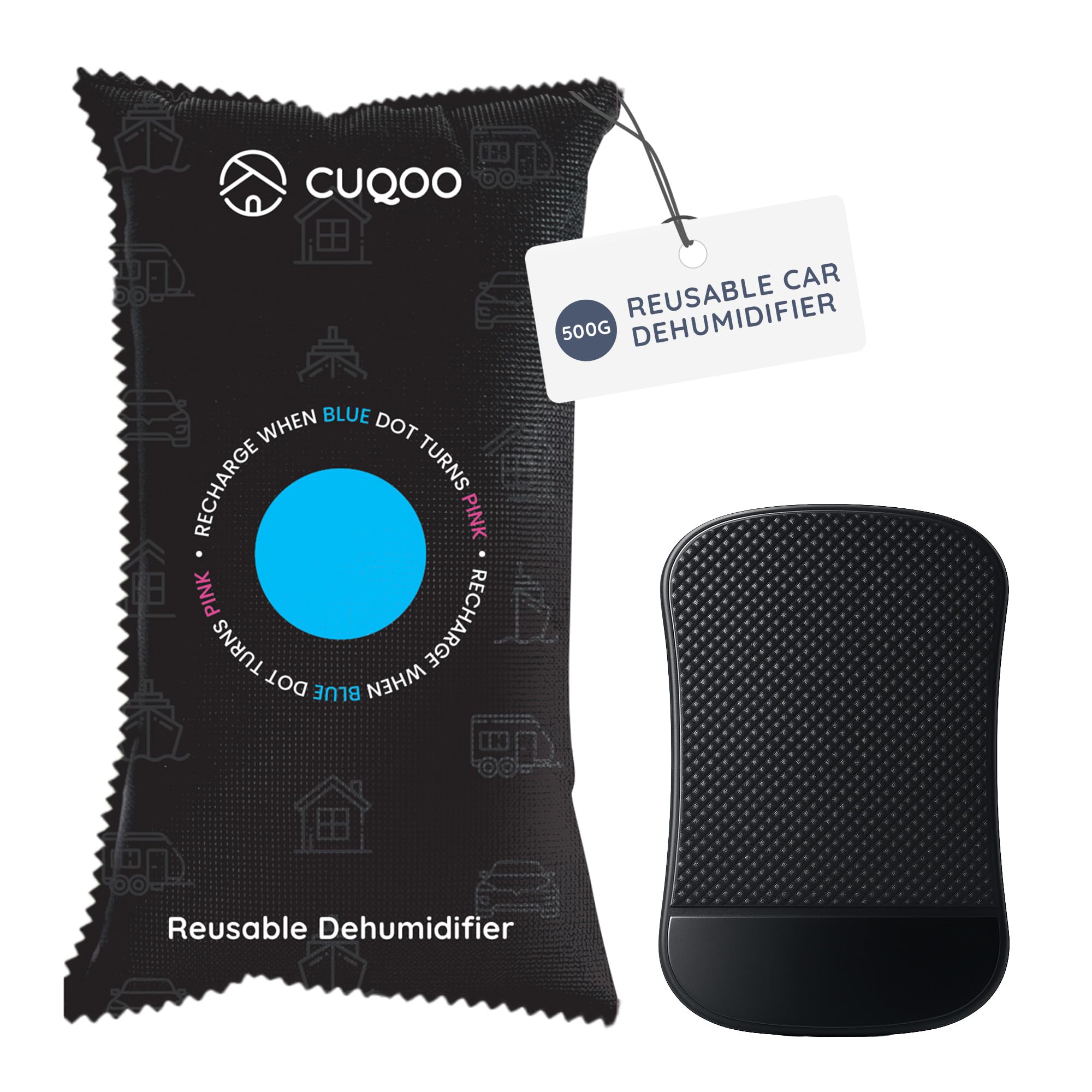 CUQOO Car Dehumidifier Bag – Reusable Moisture Absorber for Car Interior with Anti-Slip Mat – Microwave Reactivated Dehumidifier Bags for Condensation, Damp & Fog (1 Pack)