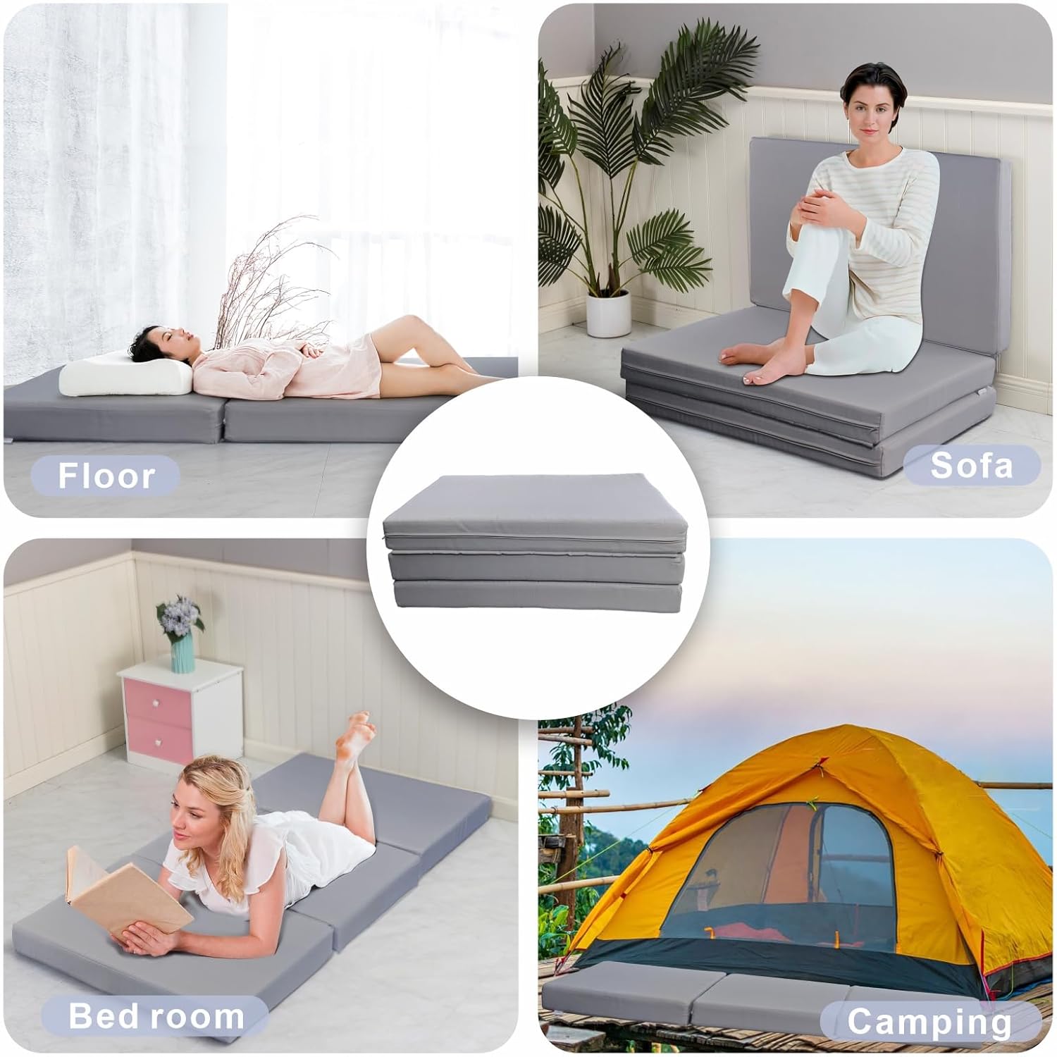 JMGBird Tri-Fold Memory Foam Yoga Mat 4 Inch - Portable Foldable with Washable Cover for Travel, Camping, Yoga (76x39x4 Inch, Grey)