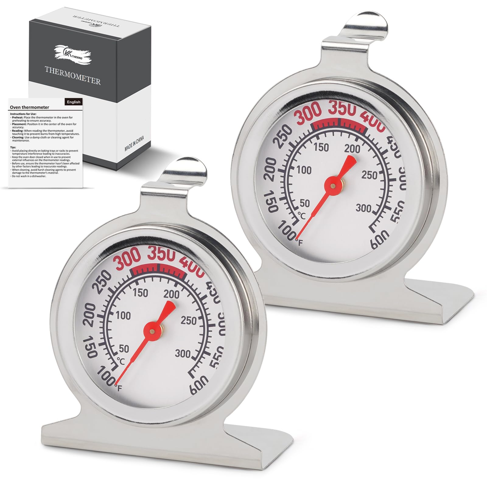 Termómetro de horno de 2 pulgadas 50‑300°C/100‑600°F, gancho y soporte de doble escala, paquete de 2