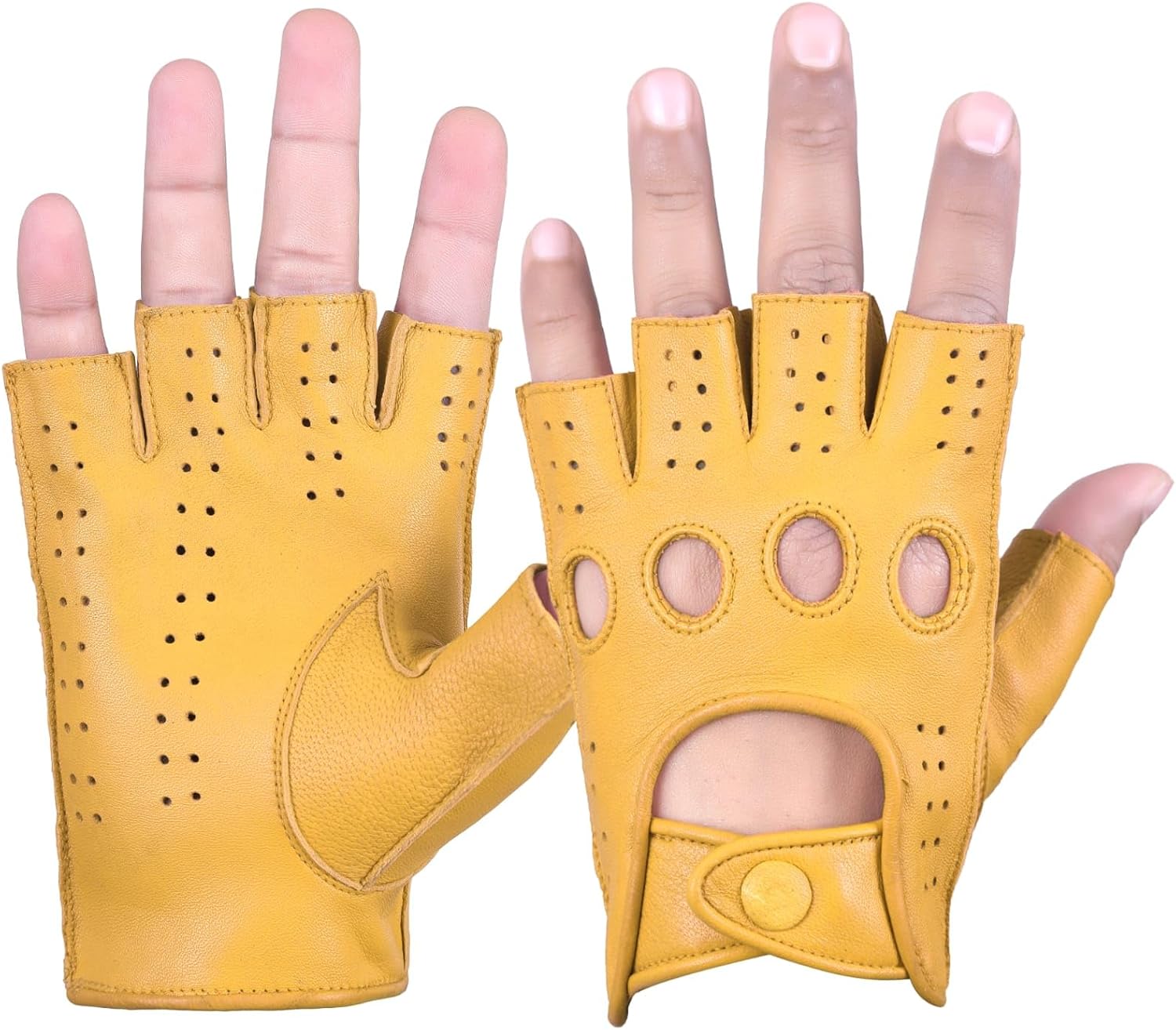 Driving Gloves Half Finger Finger Less Knuckle Holes For Men Genuine Leather, Commando Green