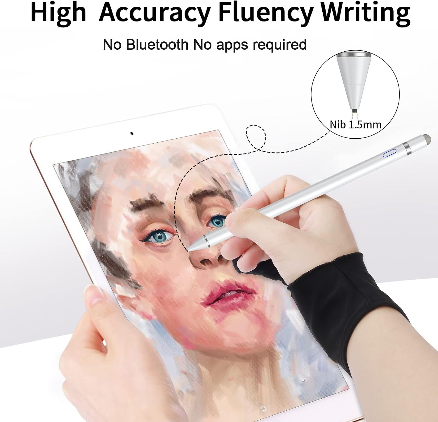 Active Stylus Digital Pen for Touch Screens, Rechargeable 1.5mm Fine Point Stylus Smart Pencil Compatible with iPhone/iPad Pro/Mini/Air/Android and Most Tablet with Glove