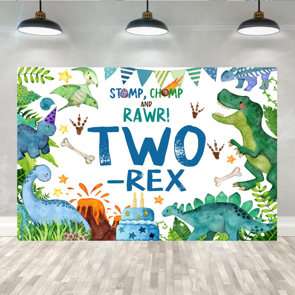 Lofaris 7x5ft Blue Dinosaur Second Birthday Backdrop Two-rex Cartoon Green Palma Leaves Photography Background for Kids Boy Party Decoration Supplies Cake Table Decor Banner Photobooth Props