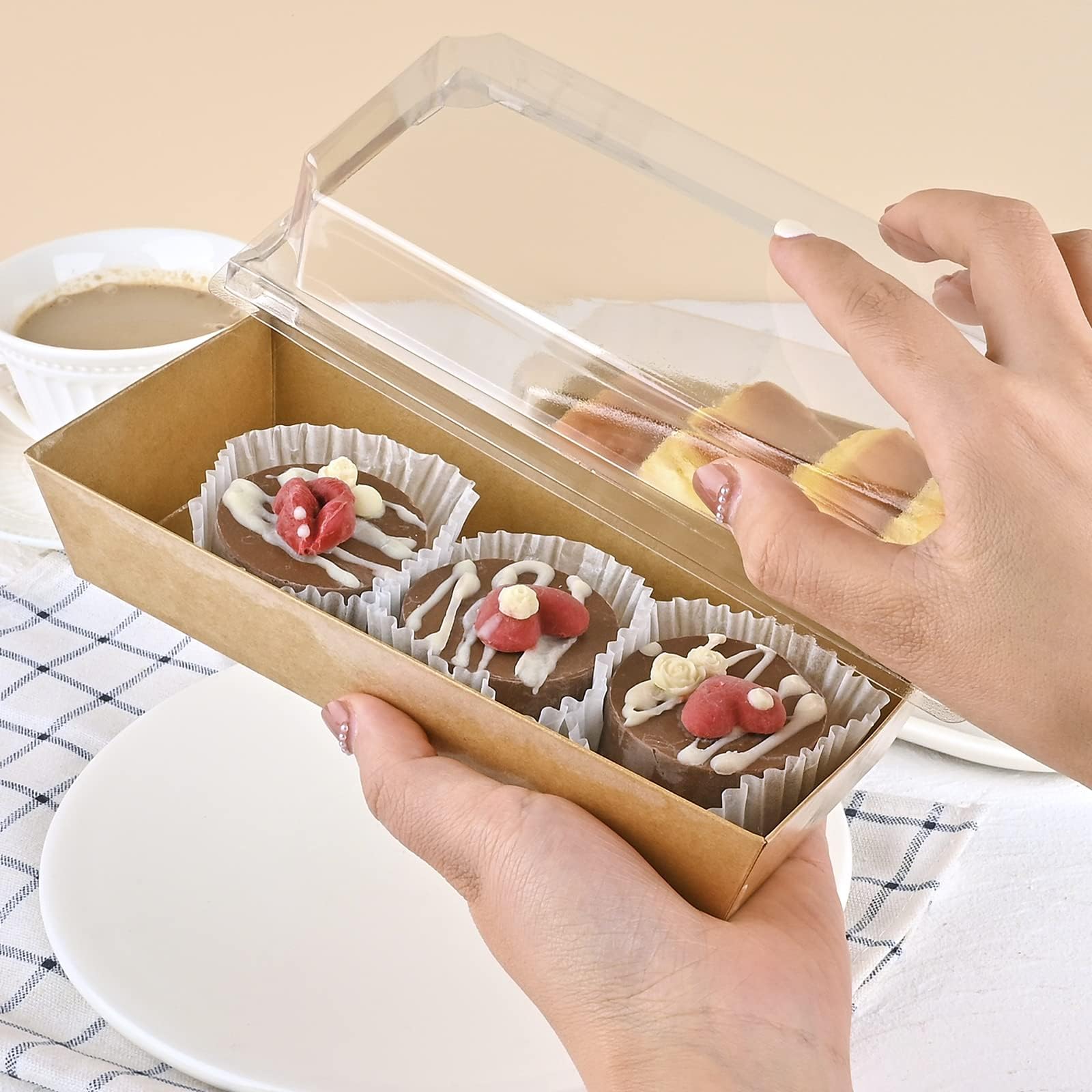 ZORRITA Confezione da 100 scatole di carta con coperchi trasparenti, scatole per sandwich usa e getta rettangolari per alimenti da forno, dolci, fragole, fette di torta e biscotti (marrone)