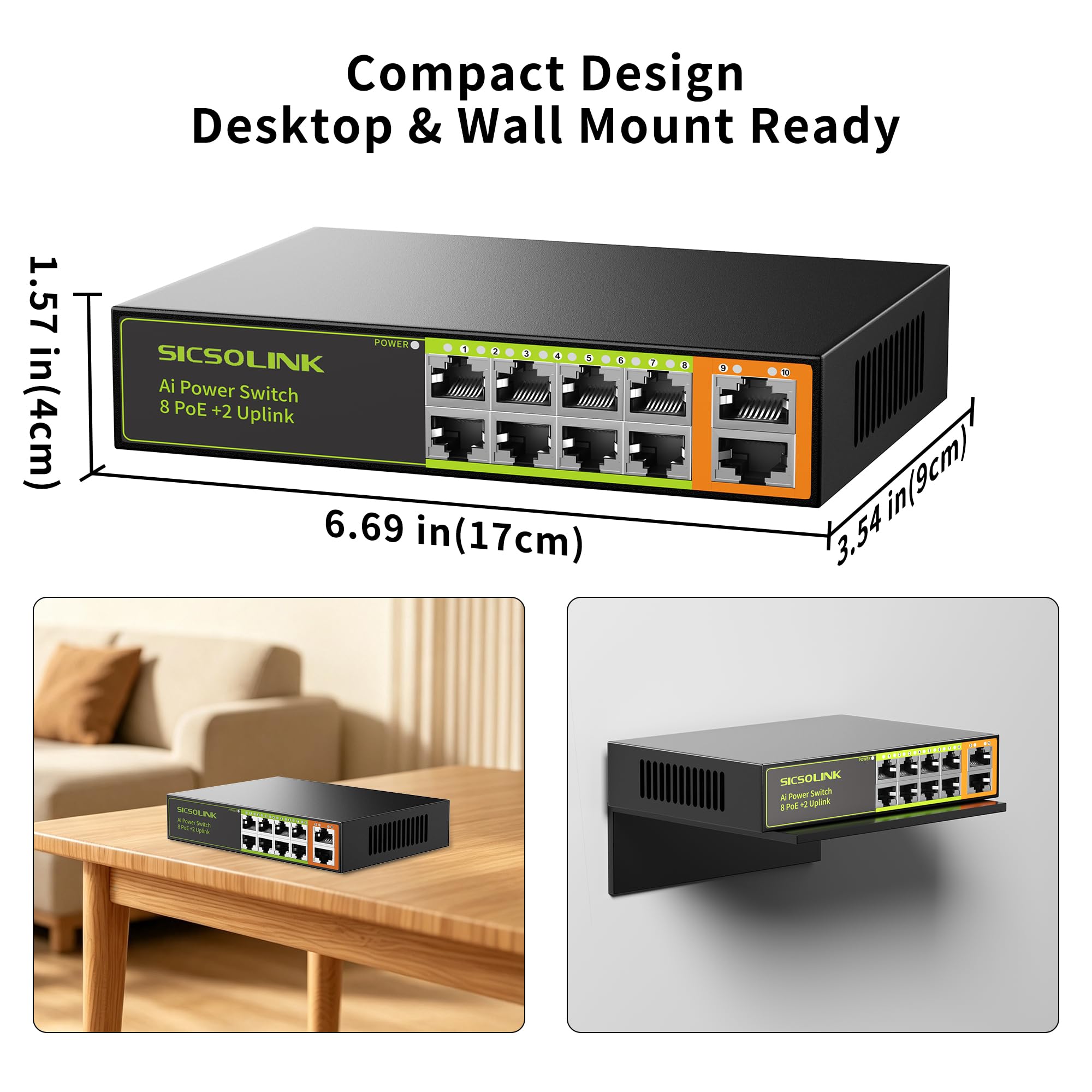 Commutateur Ethernet PoE+ à 8 ports avec 2 ports montants, conforme à la norme 802.3af/at, puissance totale de 120 W, 100 Mbps, capacité de commutation de 20 Gbit/s, commutateur réseau non géré pour
