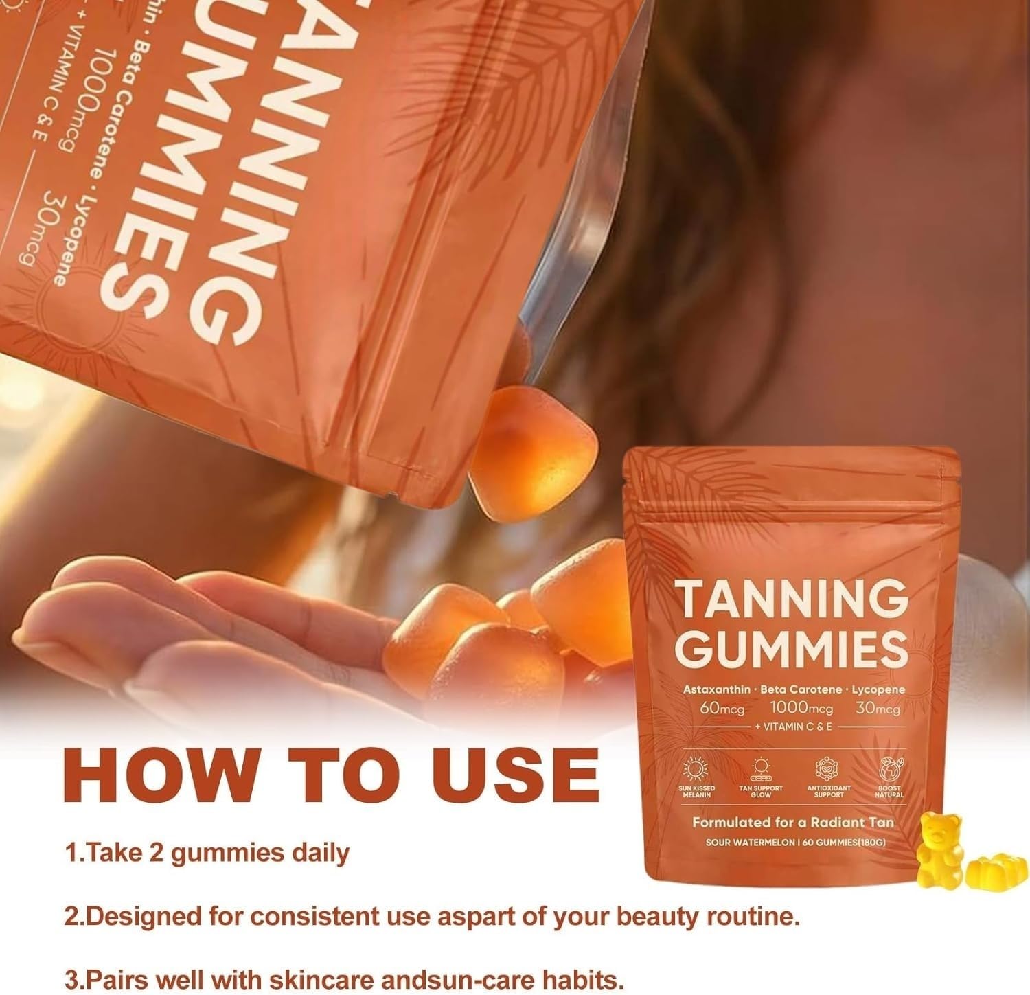 Caramelle gommose autoabbronzanti unisex (contenenti astaxantina), siero autoabbronzante per donna, aiutano la pelle a ottenere un colorito naturale, ideali per la cura quotidiana della bellezza e la