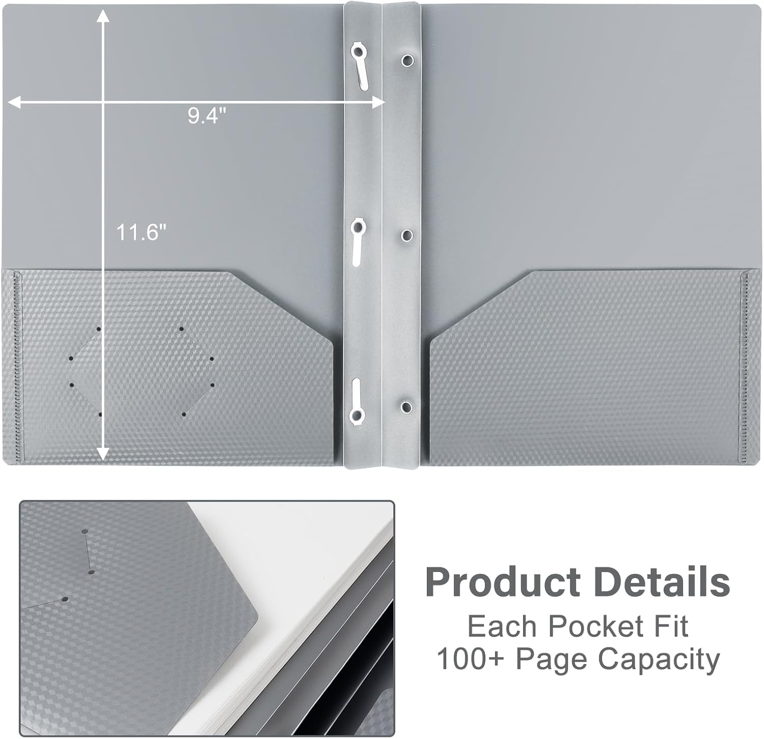 60-Pack Plastic Folders with Pockets and Prongs,2-Pocket Folders with 3 Fasteners, Poly Folders Holds 8-1/2" x 11" Paper for School/Office/Home, Silvery - Image 4