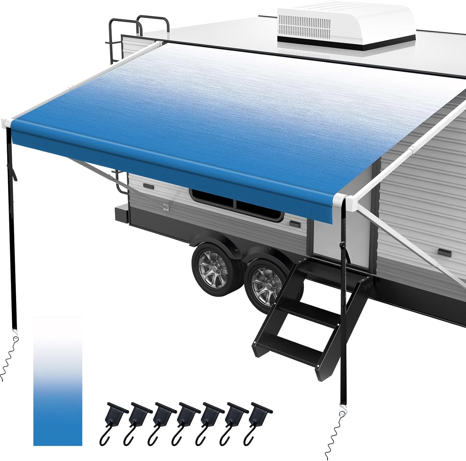 18oz RV Awning Fabric Replacement, Heavy Duty Vinyl, with Awning Tie Down Kits & 7 Awning Hooks & Pull Strap for Trailer Camper Awning- 12'(Fabric 11'2"), Blue Fade 12' (Fabric 11'2'') Blue Fade