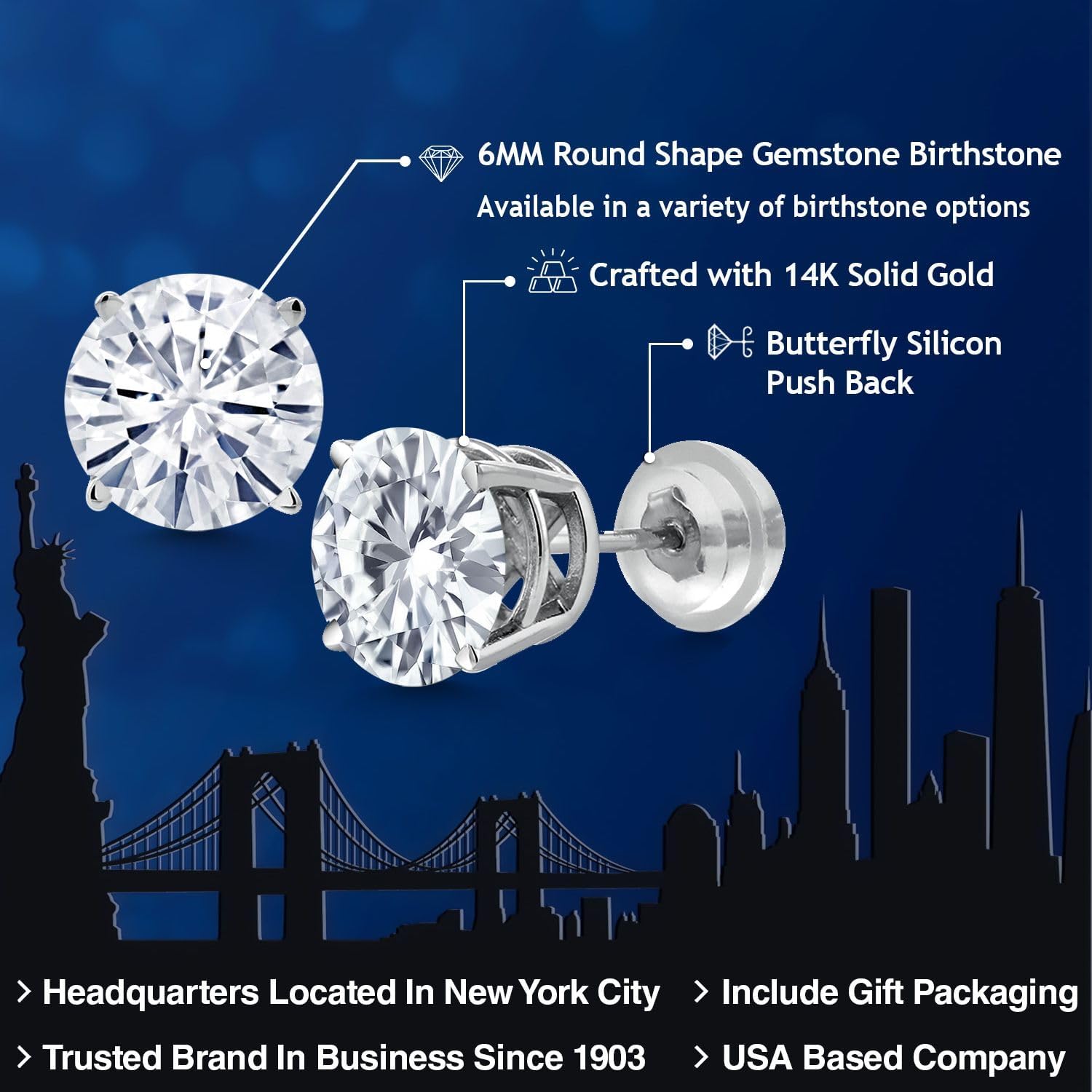 Gem Stone King 14K White Gold Round Moissanite Stud Earrings For Women Men | 1.60 Cttw | Round 6MM | Fine Jewelry Gifts for Women Mom Wife Her