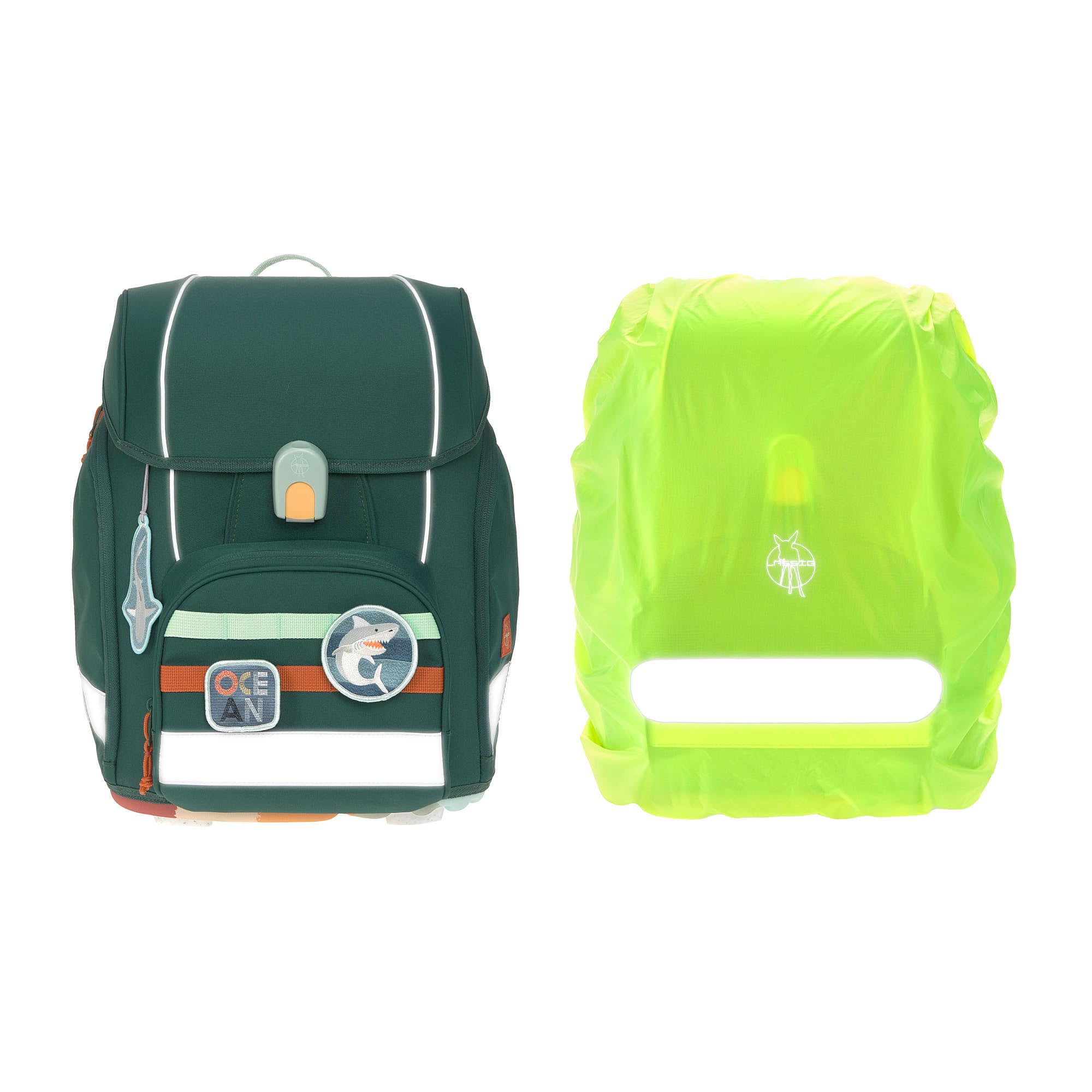 LÄSSIG 7-częściowy zestaw plecaków szkolnych dla dzieci/zestaw szkolny Boxy Unique Dark Green Ocean Edition, Zielona, nowoczesny