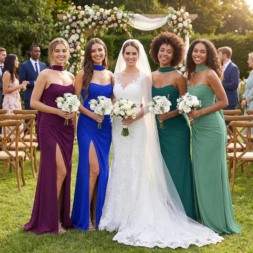 Corsé sin tirantes, vestido de dama de honor de gasa para boda con bufanda, vestido largo plisado de sirena, vestido de baile formal con abertura