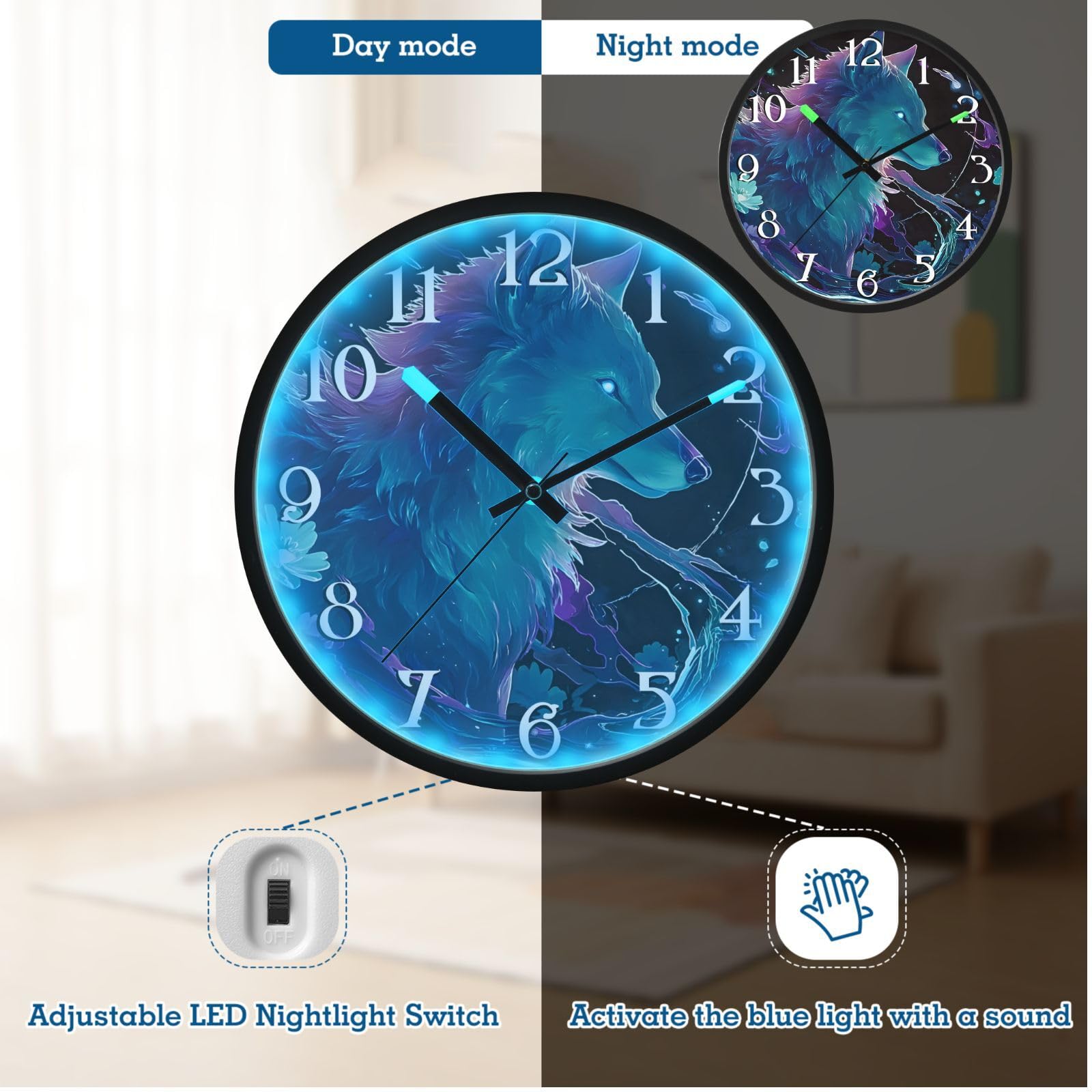 Mnsruu Reloj de pared luminoso holográfico azul galaxia reloj de dormitorio funciona con pilas, reloj silencioso que brilla en la oscuridad, para sala de estar, cocina, 12 pulgadas