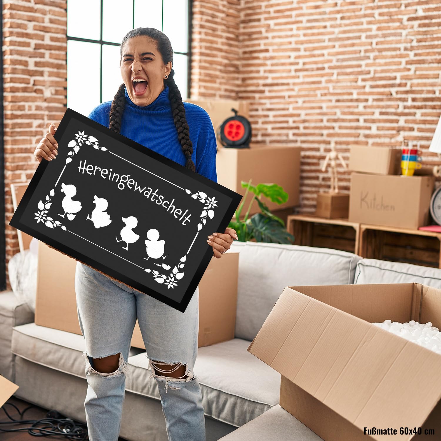 speecheese Hereingewatschelt Fußmatte XXL in 50x75 cm mit niedlichen Entchen für den Eingang als Frühlings- und Oster Dekoration oder um deinen Besuch zum Eintreten zu Bitten