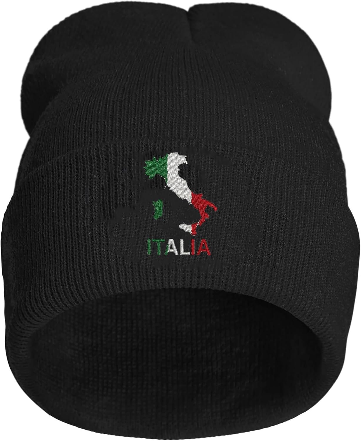 Italian Flag Map Embroidered Winter Beanie, Black Knit Skull Cap, Unisex Stretch Hat