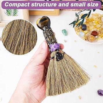 Natural Crystal Witch Altar Broom Mini Witch Broom Small Wicca Ritual Handmade Broomstick for Home Car Halloween Decoration