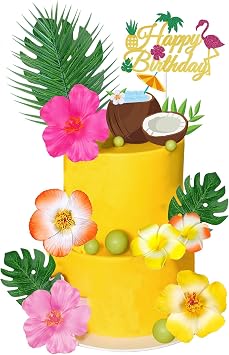 Hawaiian Flamingo Cake Toppers Summer Cake Decorations with Hibiscus Flower Palm Leaves Pineapple Cake Decor for Birthday Summer Tropical Hawaiian Themed Party Supplies Hawaiian