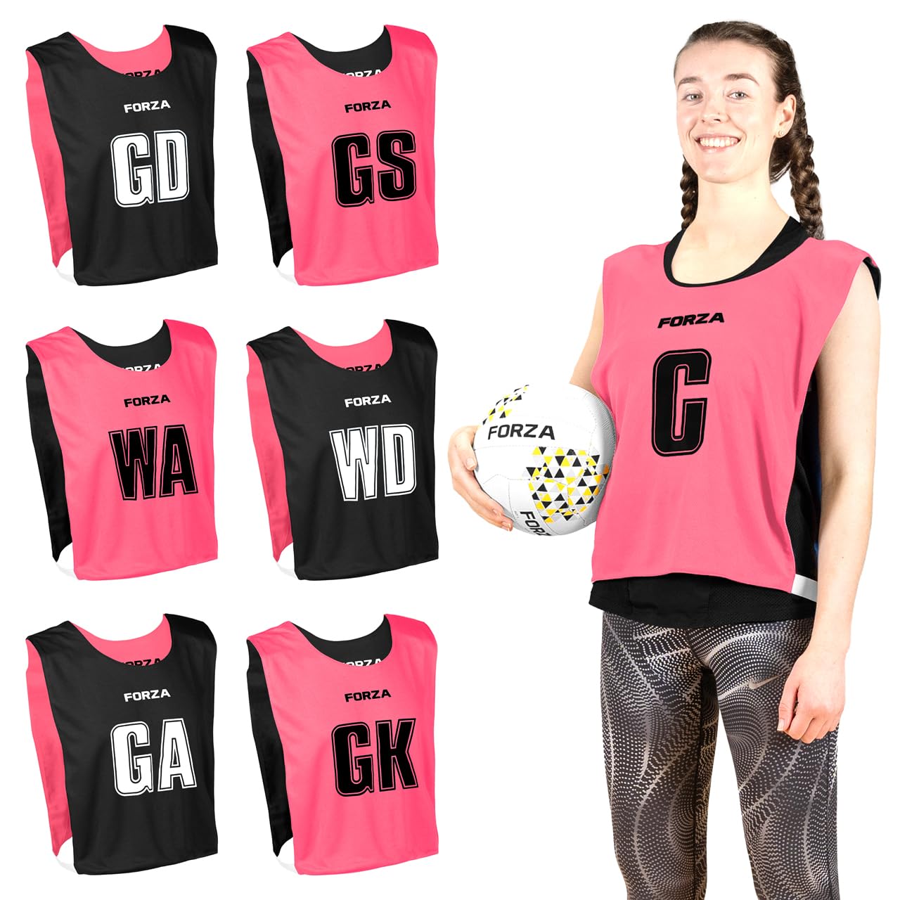 FORZA Pro Reversible Netball Bibs [Pack of 7] | 2-in-1 Design with 5 Colour Combinations - Ideal for Schools & Sports Clubs (Pink & Black, Medium)