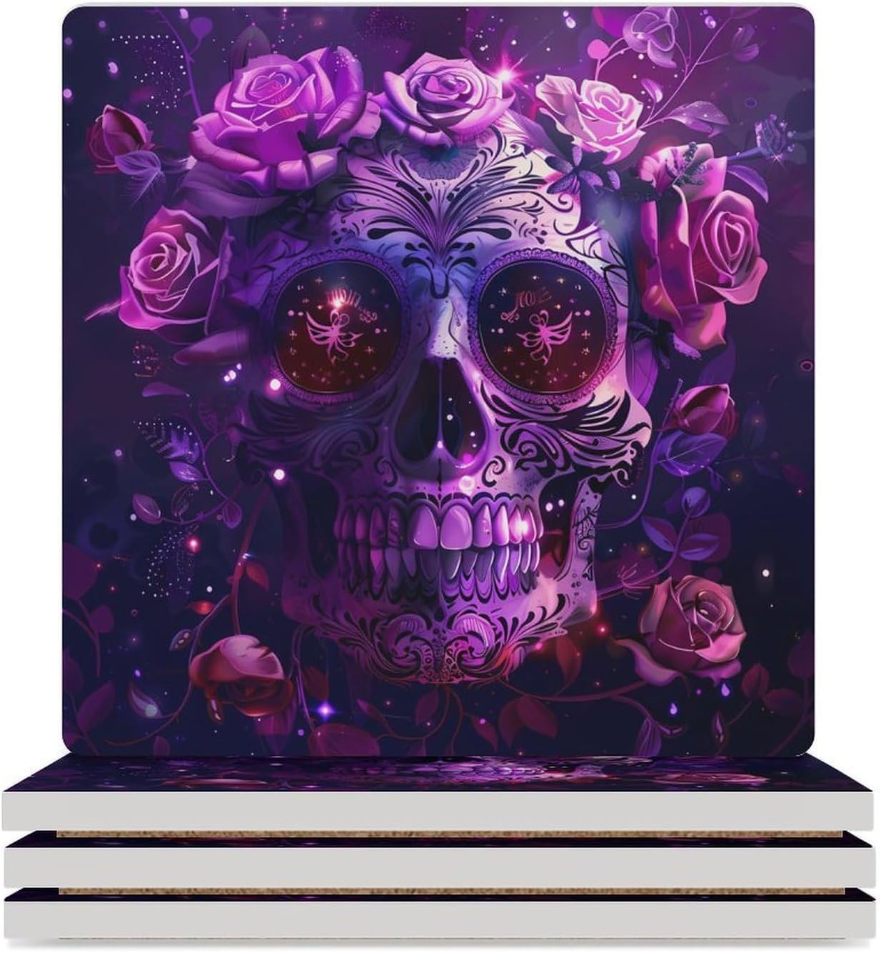 Skull Rose Coaster for Drinks Square Ceramic Table Coasters Stone Mat Crafts 6PCS Home Kitchen Decor