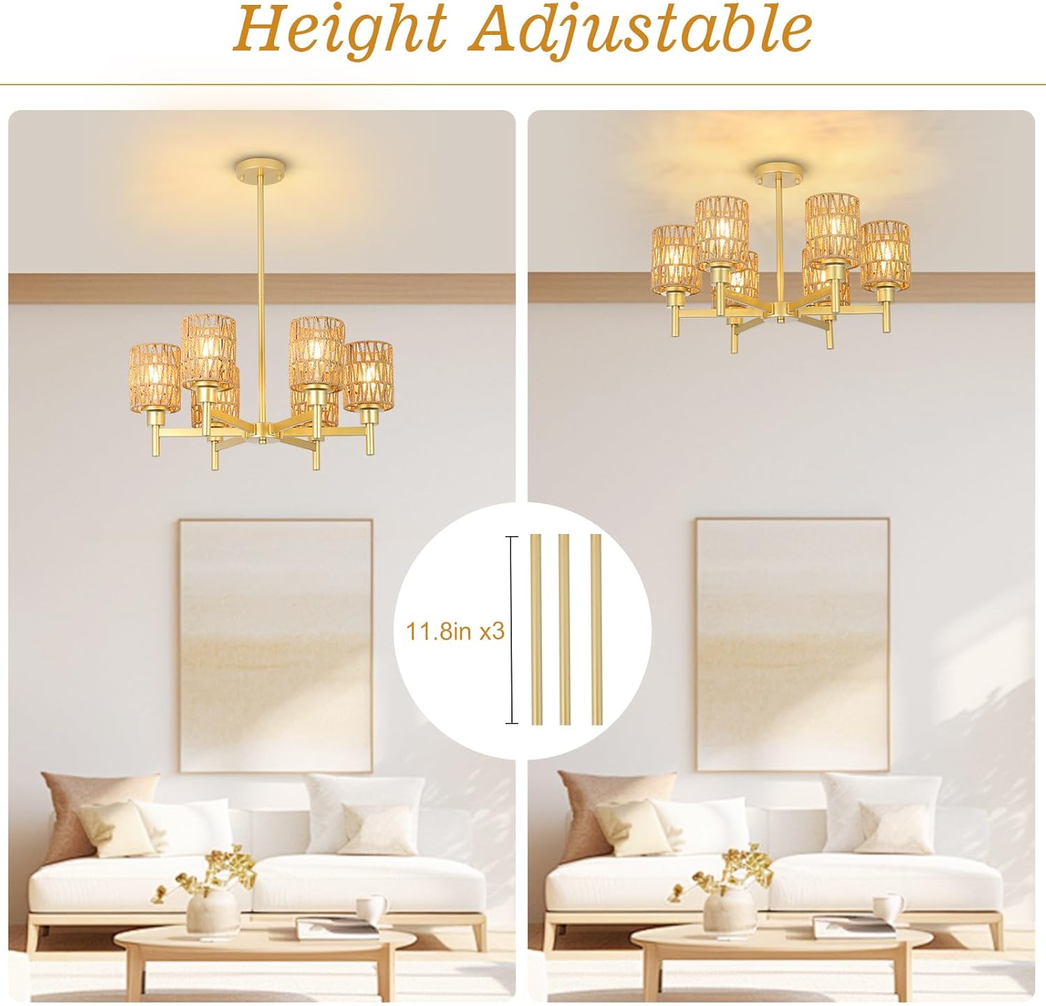 6-Lights Gold Chandelier Light Fixture - Boho Rattan Chandeliers for Dining Room, Farmhouse Kitchen Lighting Fixtures Ceiling, Hanging Pendant lights for Kitchen Island Bedroom Living Room Nursery