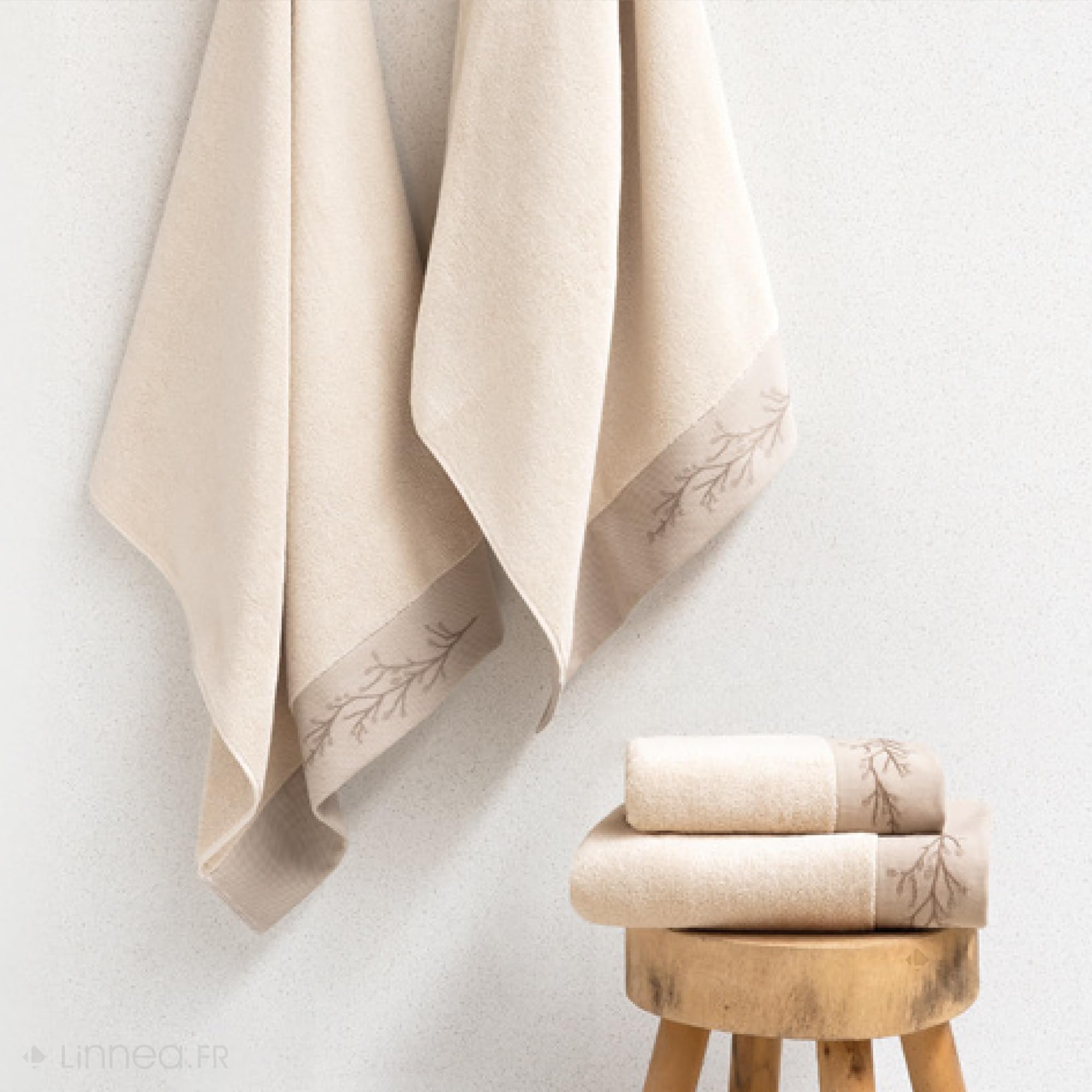 Parure de Bain absorbante 100% Coton Feuille Beige 7 pièces