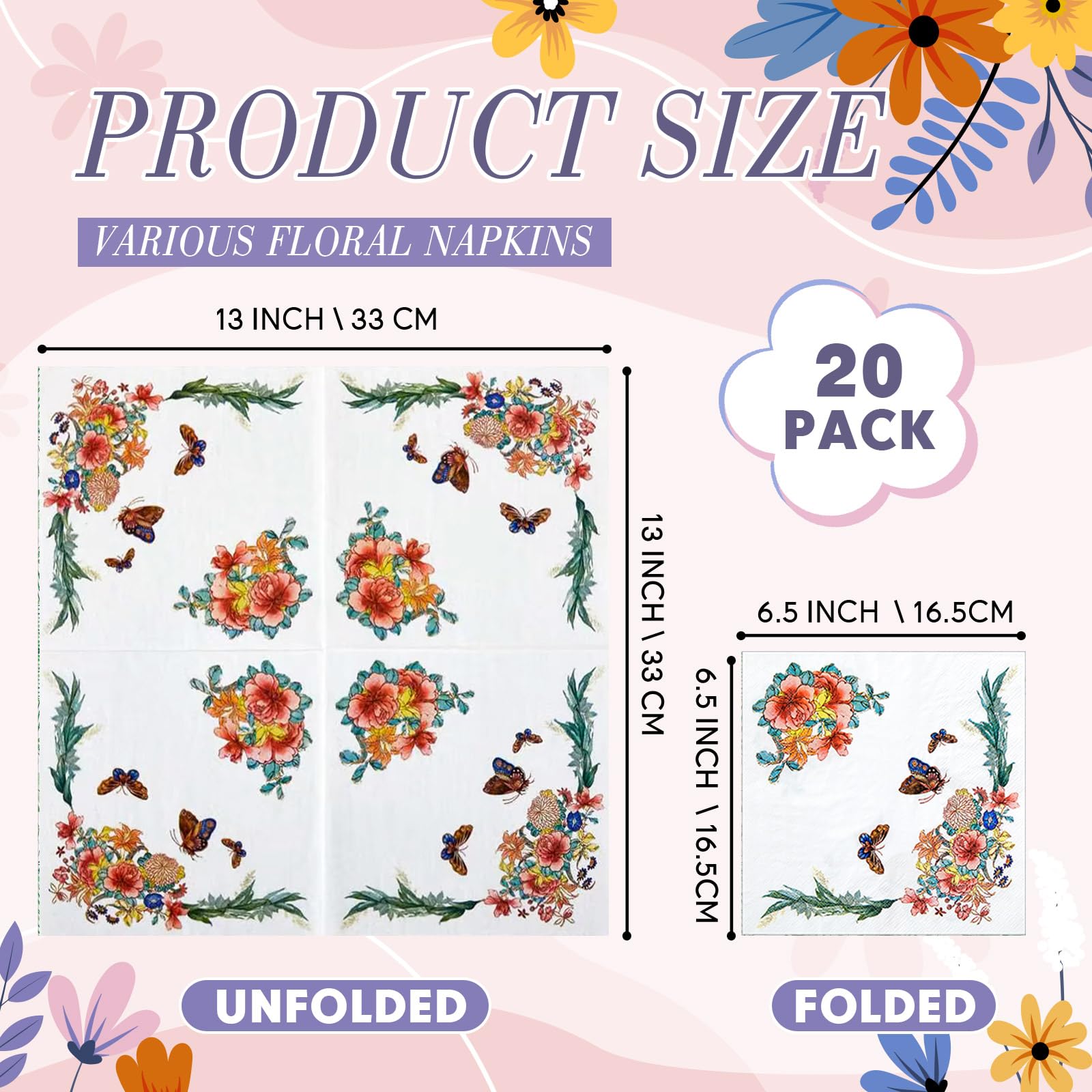 Crtiin 20 Pack Assorted Floral Napkins for Decoupage Toile Napkins Flower Cocktail Decorative Paper for Birthday Party Beautiful Gorgeous, 20 Styles Each 6.5 in(Style 1)