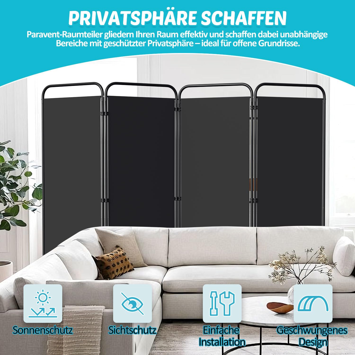 Paravent de séparation de pièce pliable sur roulettes - 4 pièces - 228 x 180 cm - Séparateur de pièce autonome pour bureau et chambre à coucher - Anthracite