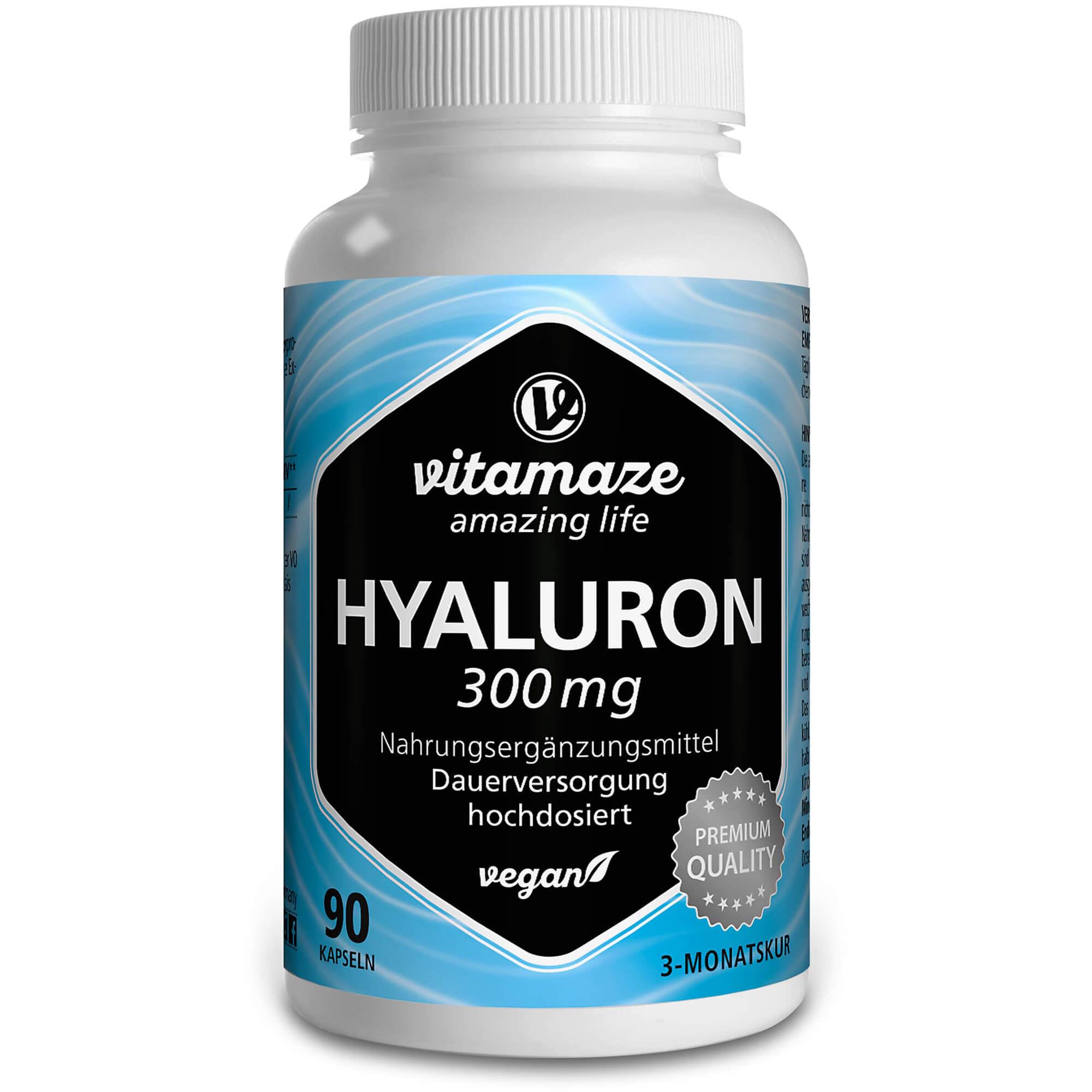 Vitamaze® Acido Ialuronico Puro ad Alto Dosaggio 300 mg per Capsula Vegan, 90 Capsule per 3 Mesi, Elevata Biodisponibilità: Micromolecolare 500-700 kDa, Integratore Alimentare senza Additivi
