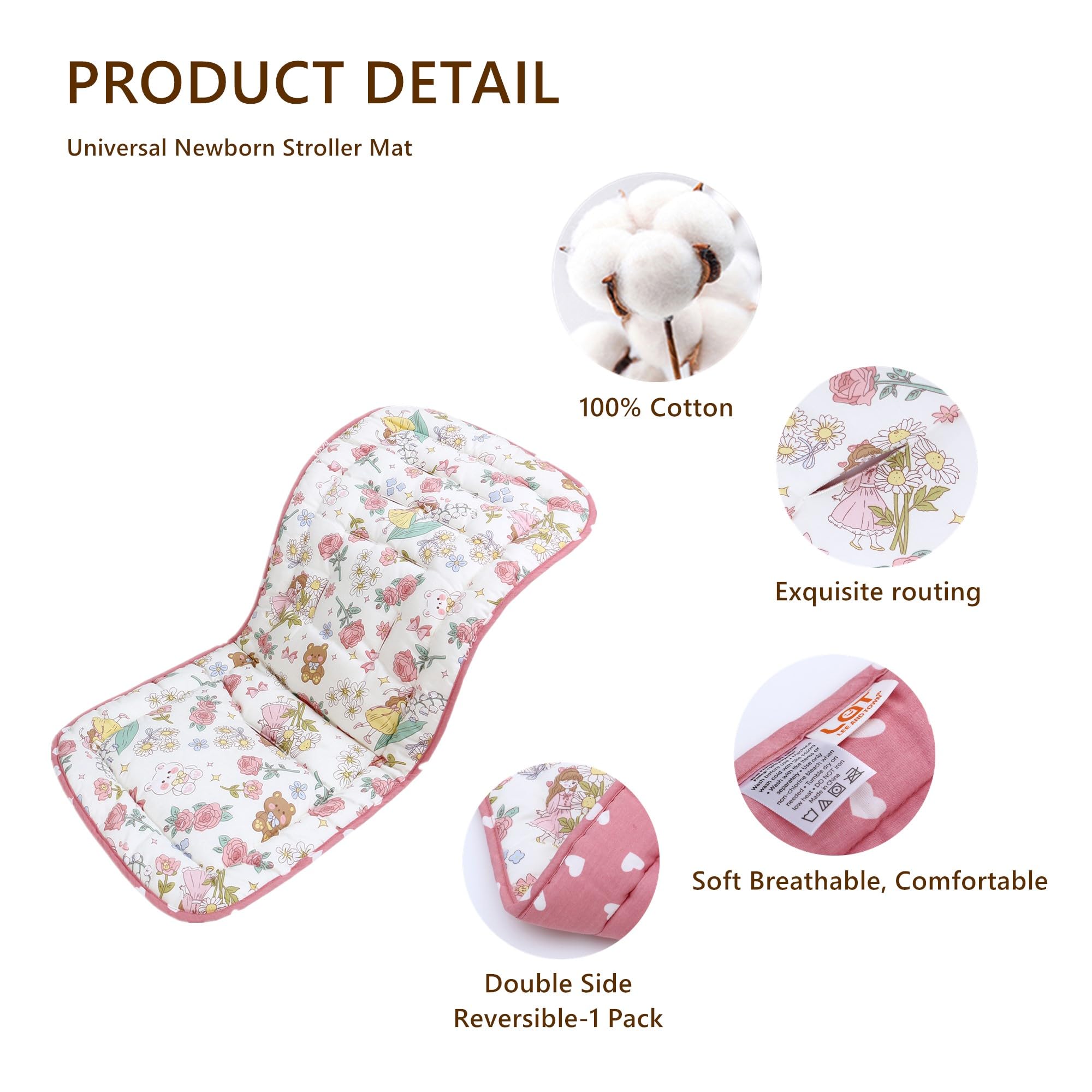 Baby Pushchair Seat Liners,Pram Liner Universal Fit for Most Pushchairs,100% Cotton Double-Sided Baby Stroller Cushion Pad,Stroller Seat Cover for Toddler Infant 1 Pack,78x34cm(Pink Garden+Hearts) - Image 3