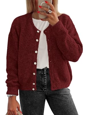 ATHMILE Fall Long Sleeve Cardigans for Women Sweater Fashion Open Front Winter Button Down Crewneck Soft Knit Jacket