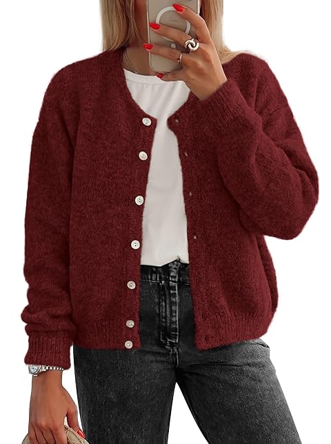 ATHMILE Fall Long Sleeve Cardigans for Women Sweater Fashion Open Front Winter Button Down Crewneck Soft Knit Jacket