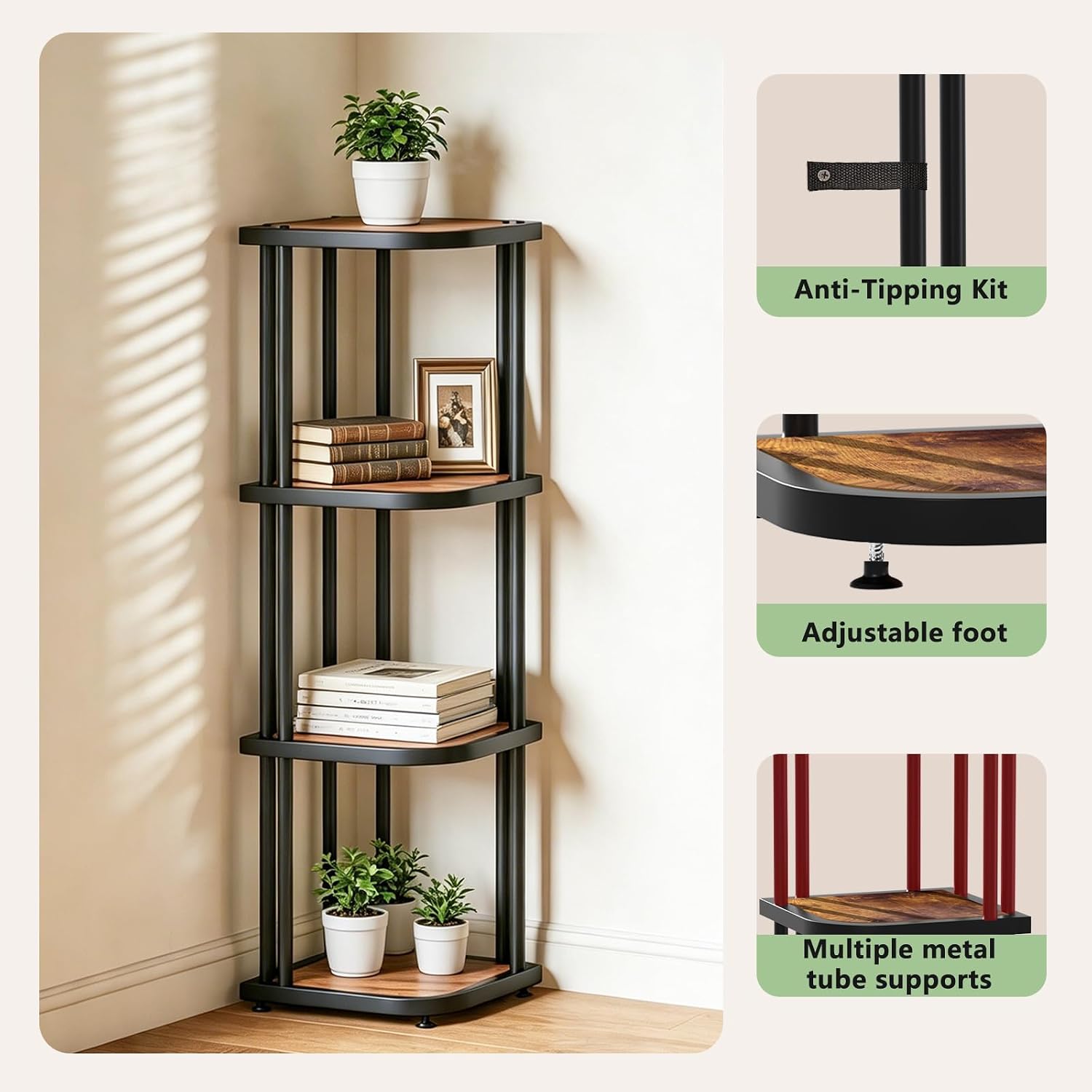 Corner Shelf 4 Tier Industrial, Rustic Wood Metal Storage Rack